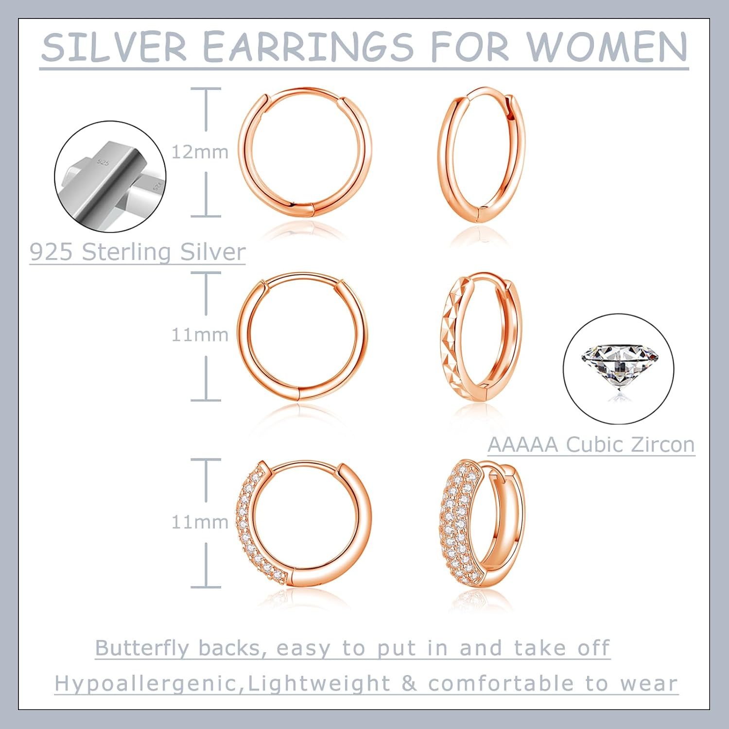 Thumbnail 1 de Zolkamery 3-Pair 925 Sterling Silver Hoops with Zircon – Small Hypoallergenic Sleeper Set