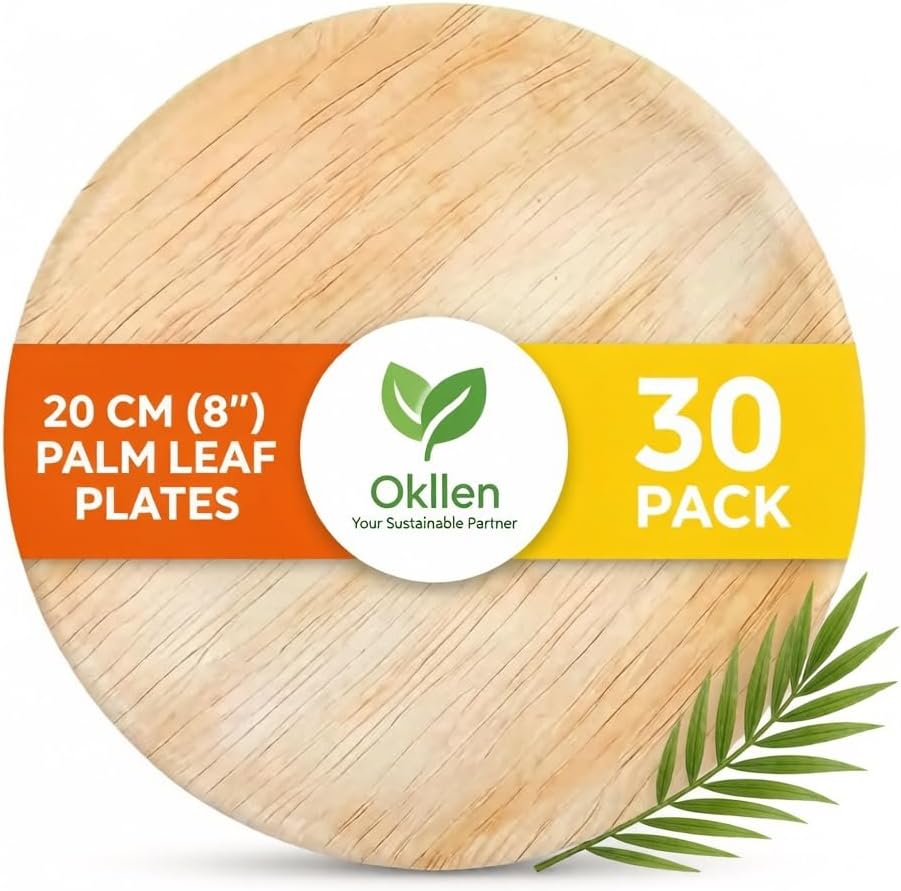 Detalle de Okllen 30 Pack Palm Leaf Plates (8" / 20cm) – Round biodegradable & compostable disposable party plates