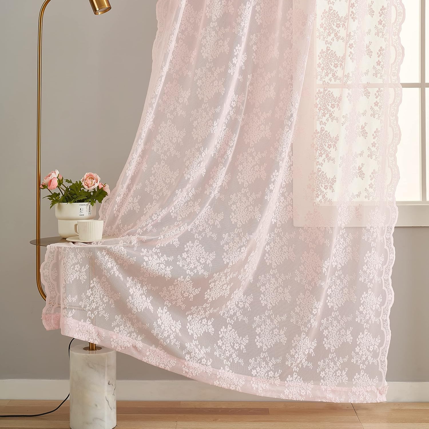 Detalle de YJ YANJUN Vintage Lace Curtains, Light Pink Floral Sheer, 52 x 80 Inches