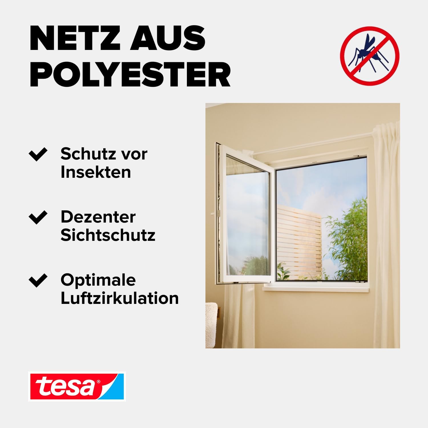 Detalle 2 de tesa INSECT STOP Klett-Fliegengitter fürs Fenster (130 x 150 cm, weiß) – zuschneidbar, ohne Bohren