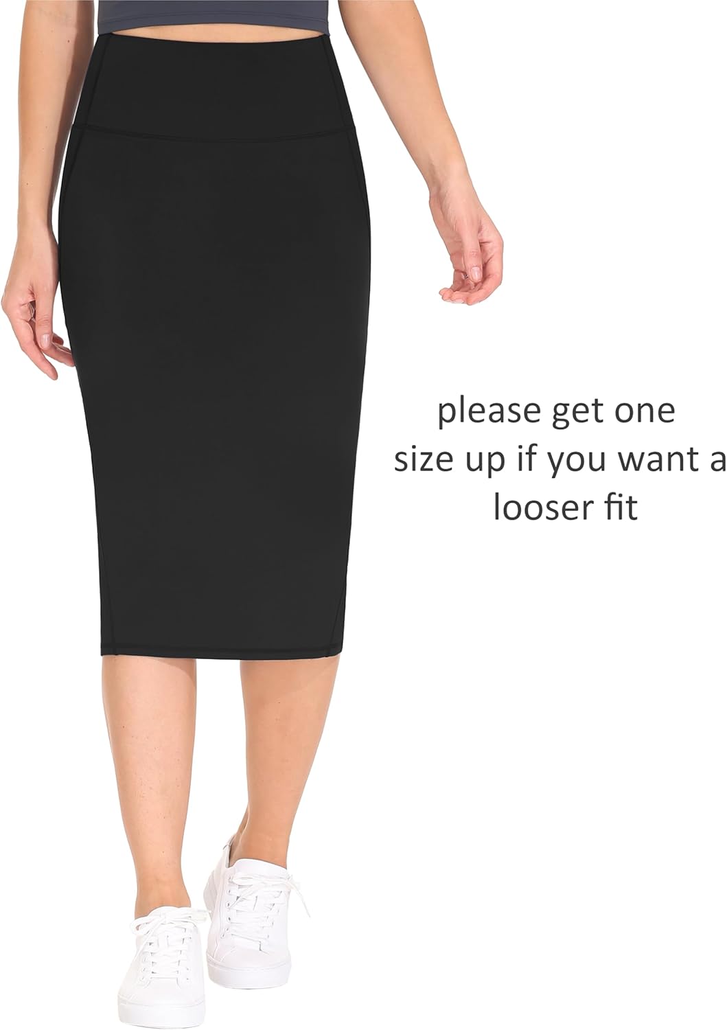 Detalle de THE GYM PEOPLE Jupe crayon taille haute extensible pour femme, midi moulant sous le genou avec fente dos