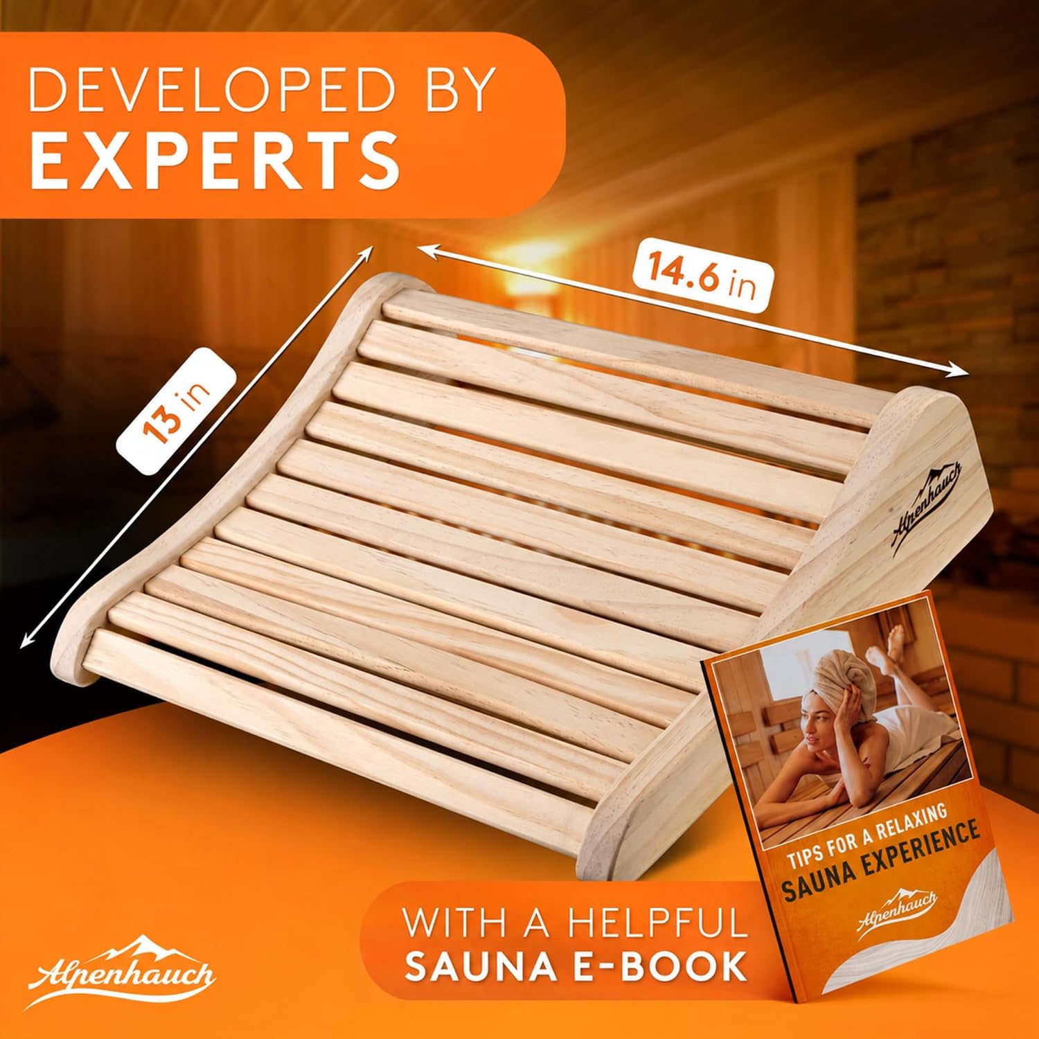 Detalle de ALPENHAUCH ALP-KO1000 Wooden Sauna Headrest, Ergonomic, 100% Natural Wood