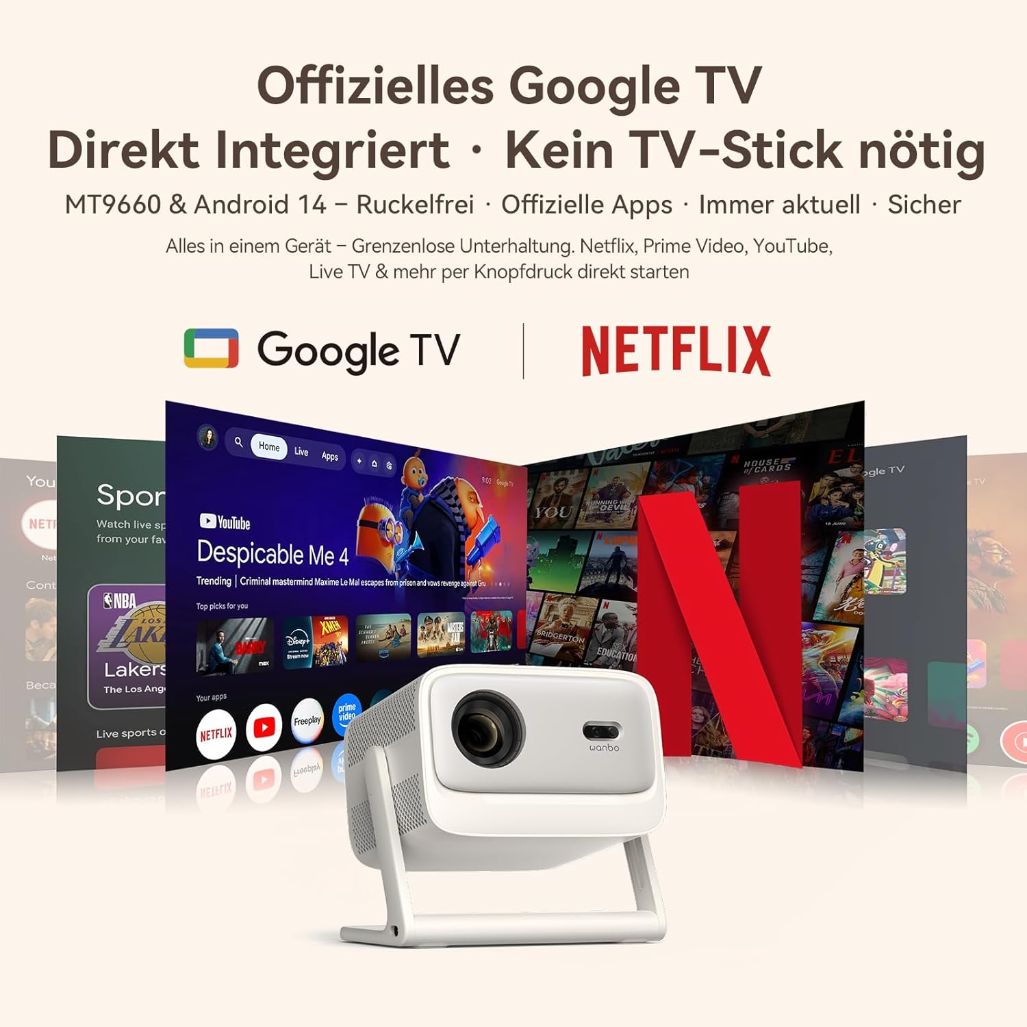 Thumbnail 1 de WANBO Vali 1 Pro Smart Beamer mit Google TV 14 & Netflix, 4K-Unterstützung, MEMC, 900 ANSI und HDMI 2.1