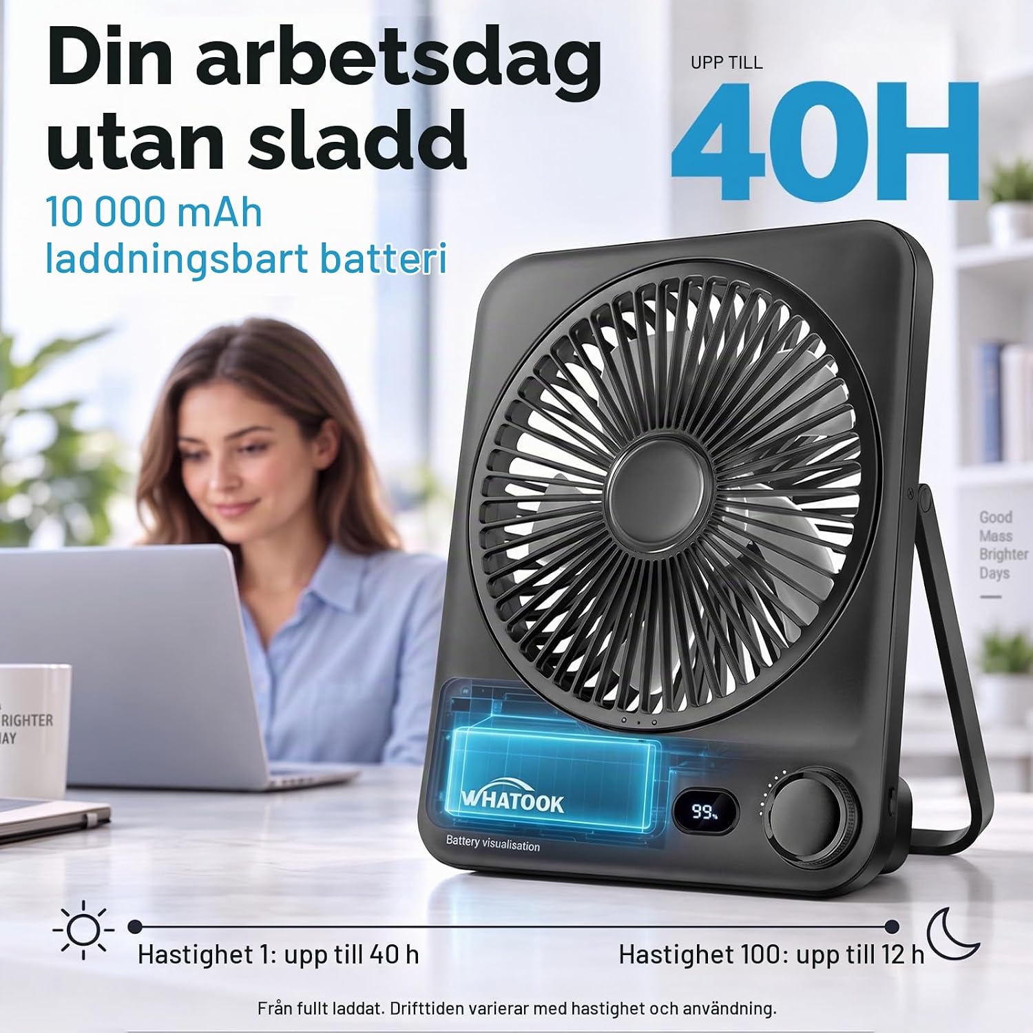Thumbnail 2 de WHATOOK CF03 uppladdningsbar bordsfläkt, 10 000 mAh, 100 hastigheter