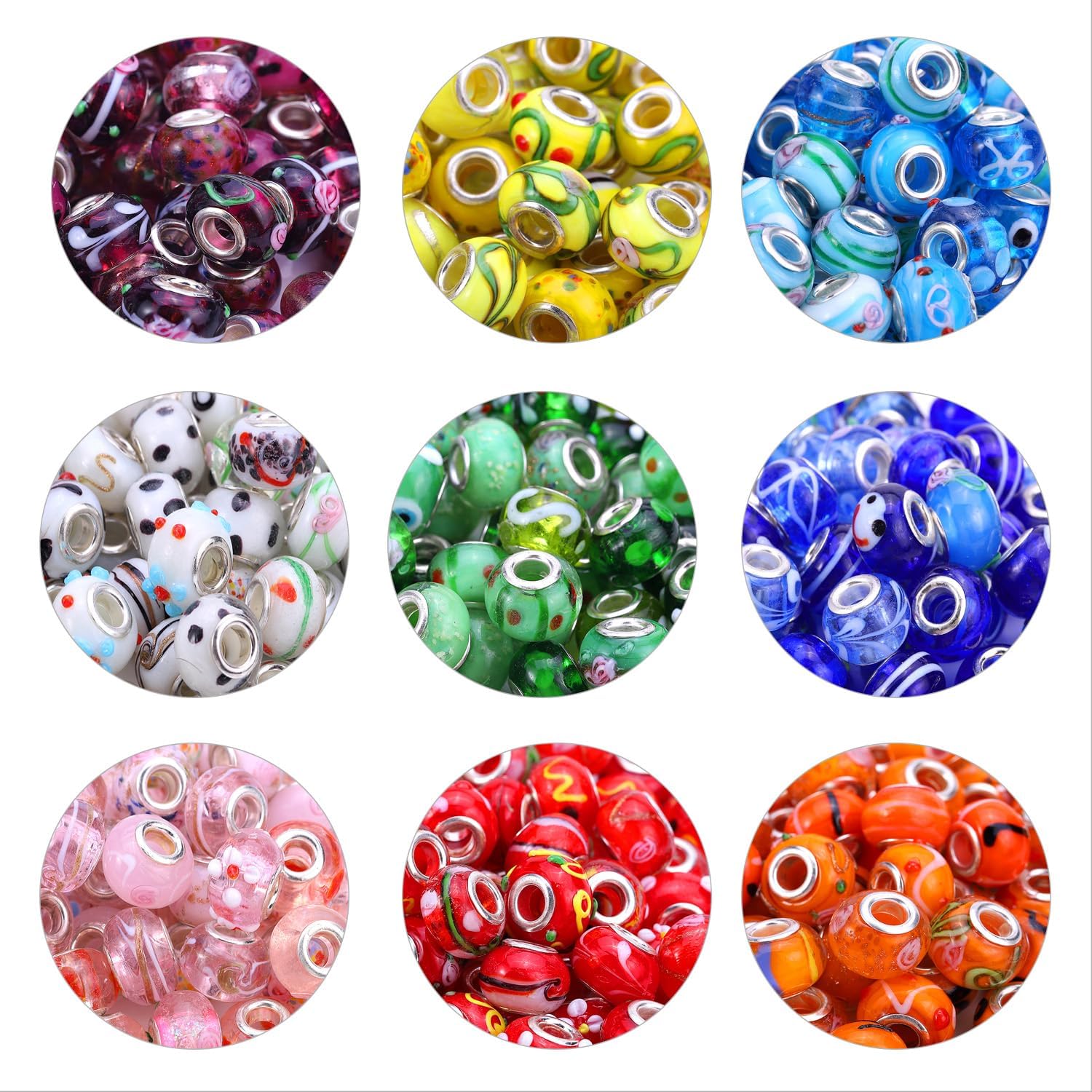 Detalle de AIPRIDY ガラスビーズ 50個セット 花柄ミックスカラー・5mm大穴・銀色の真鍮芯