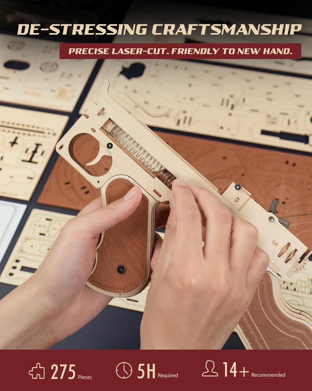Detalle 1 de ROBOTIME Puzzle 3D in legno “Fucile Thompson” con elastico e obiettivi, modellismo da montare