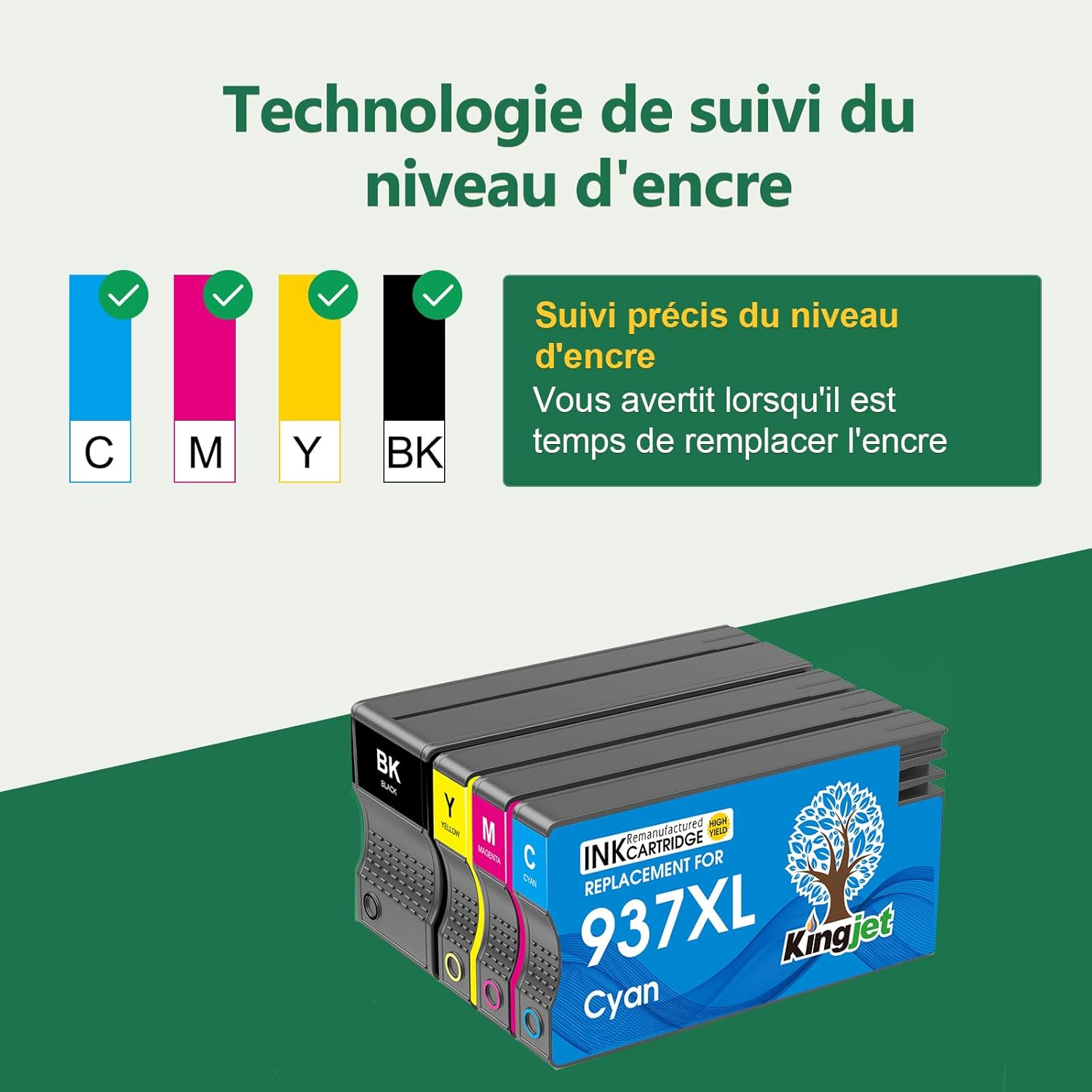 Thumbnail 3 de Kingjet 937 XL – Pack de 4 Cartouches d'encre with Puce, compatibles HP 937/937XL pour OfficeJet Pro (9120e, 9720e, 9730e, 9110b, 9120b, 9130b, 9132e, 9122e, 9135e, 9117b, 9125e, 9720, 9730)