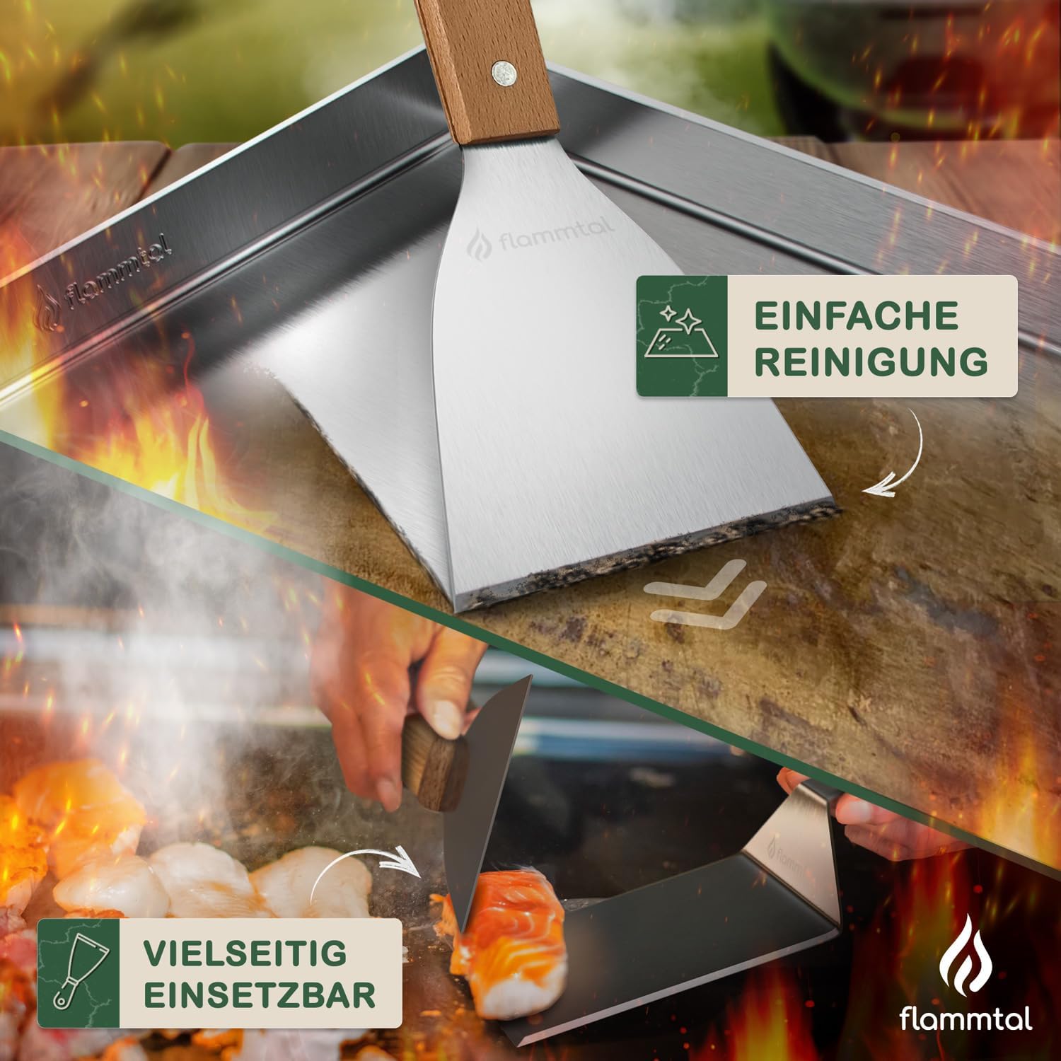 Detalle 2 de Flammtal Smash Burger Set – Edelstahl-Spachtel mit Echtholzgriff und 20 Burgerpapier