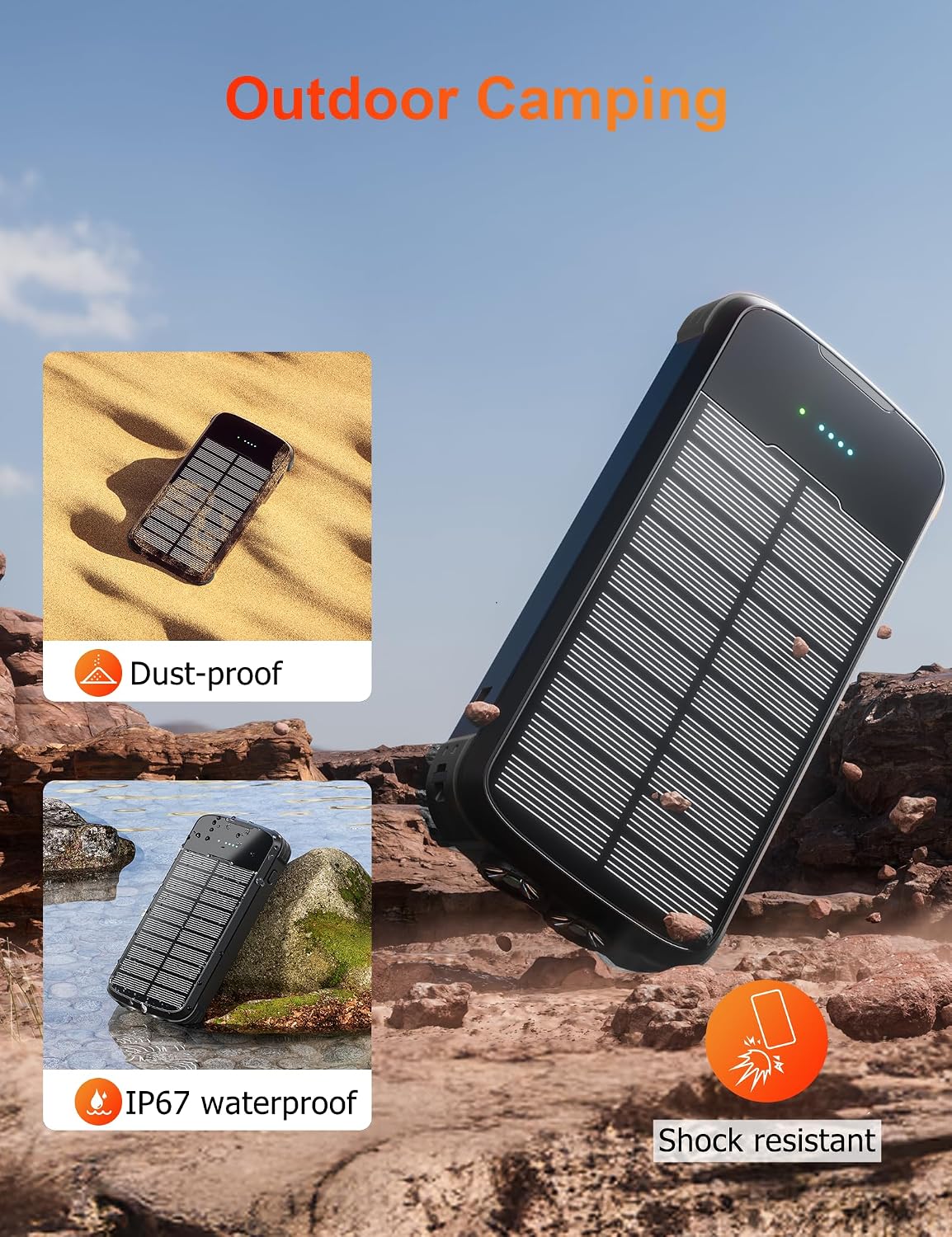 Detalle 1 de MINRISE 40,000mAh Solar Power Bank, 20W PD, Built-In Cables