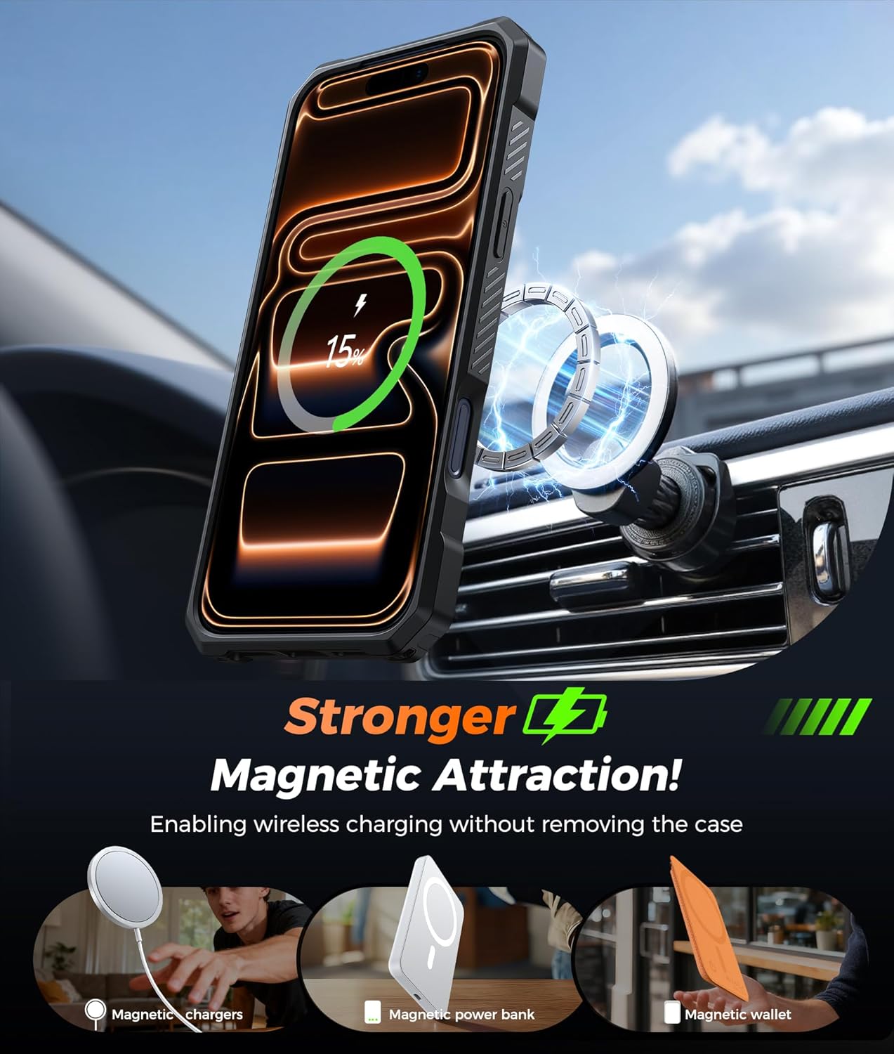 Thumbnail 2 de FNTCASE for iPhone 17 Pro Max Case with MagSafe + 360° Magnetic Kickstand + Tempered Glass Screen Protector (Black)