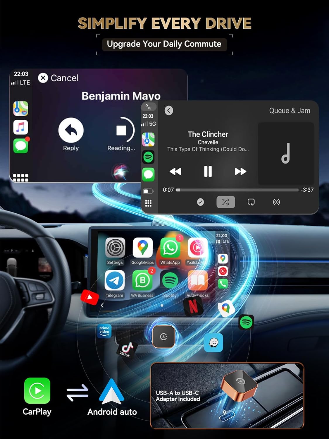 Detalle 2 de Spedal 2026 Wireless CarPlay & Android Auto Adapter 2-in-1 – kabellos, mit WiFi 6 (Orange)