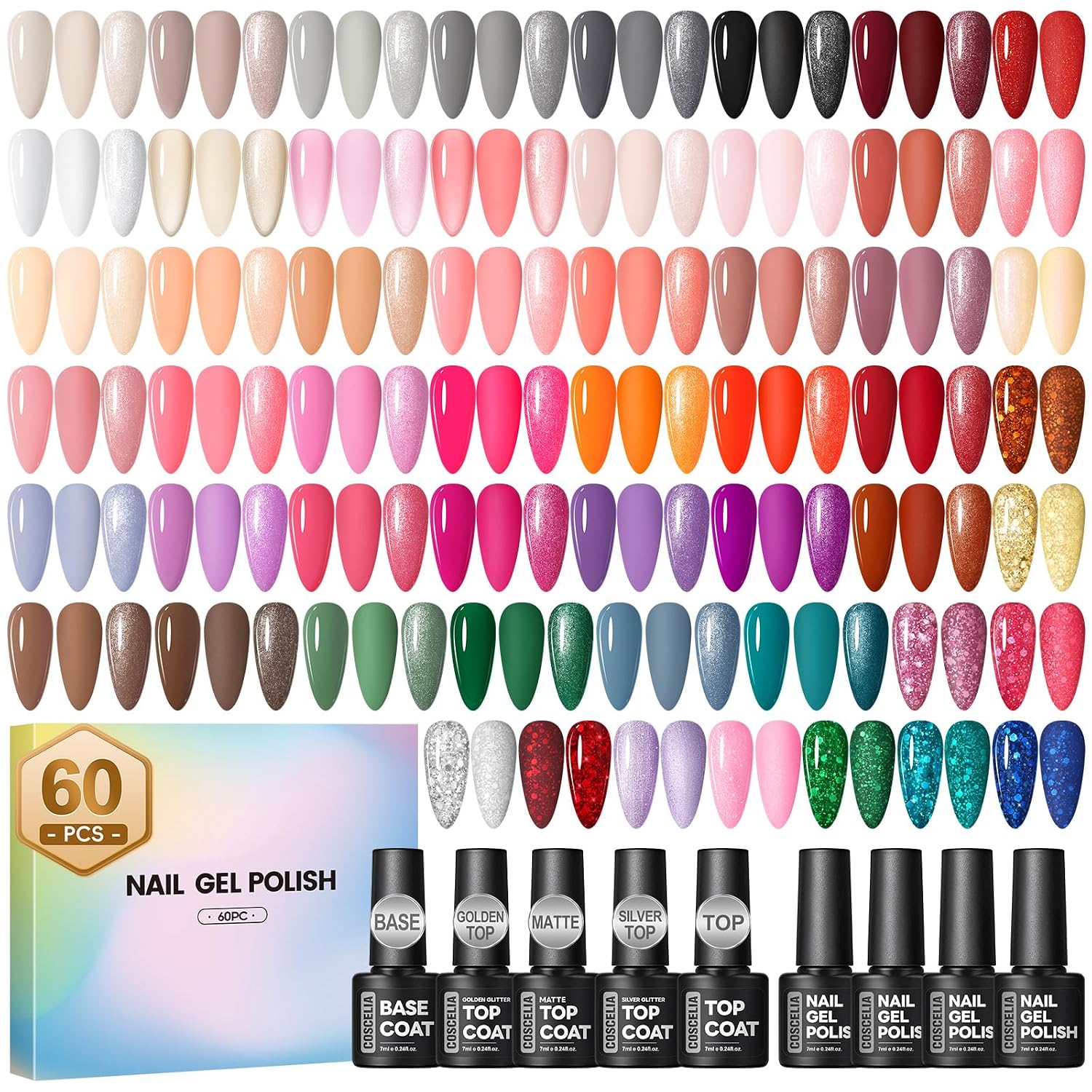 Detalle de COSCELIA 60-Piece Gel Nail Polish Set (55 Colors + Top & Base Coats) for DIY Manicure & Nail Art