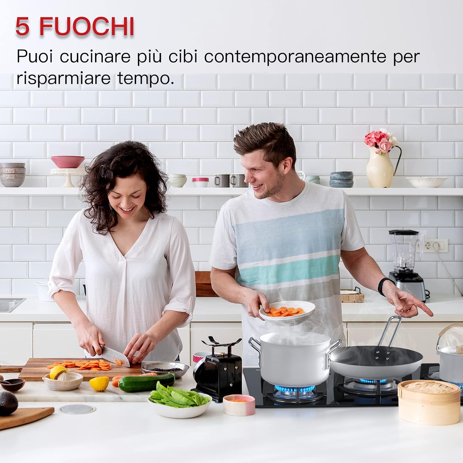 Detalle de Piano Cottura a Gas da Incasso 5 Fuochi 77 cm con Vetro Nero, Protezione Flame-Out
