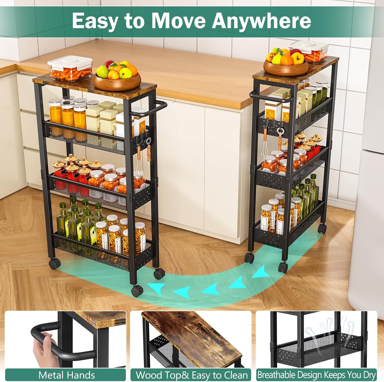 Thumbnail 3 de Vivihomety Utility Slim Storage Cart with Wood Top and Wheels