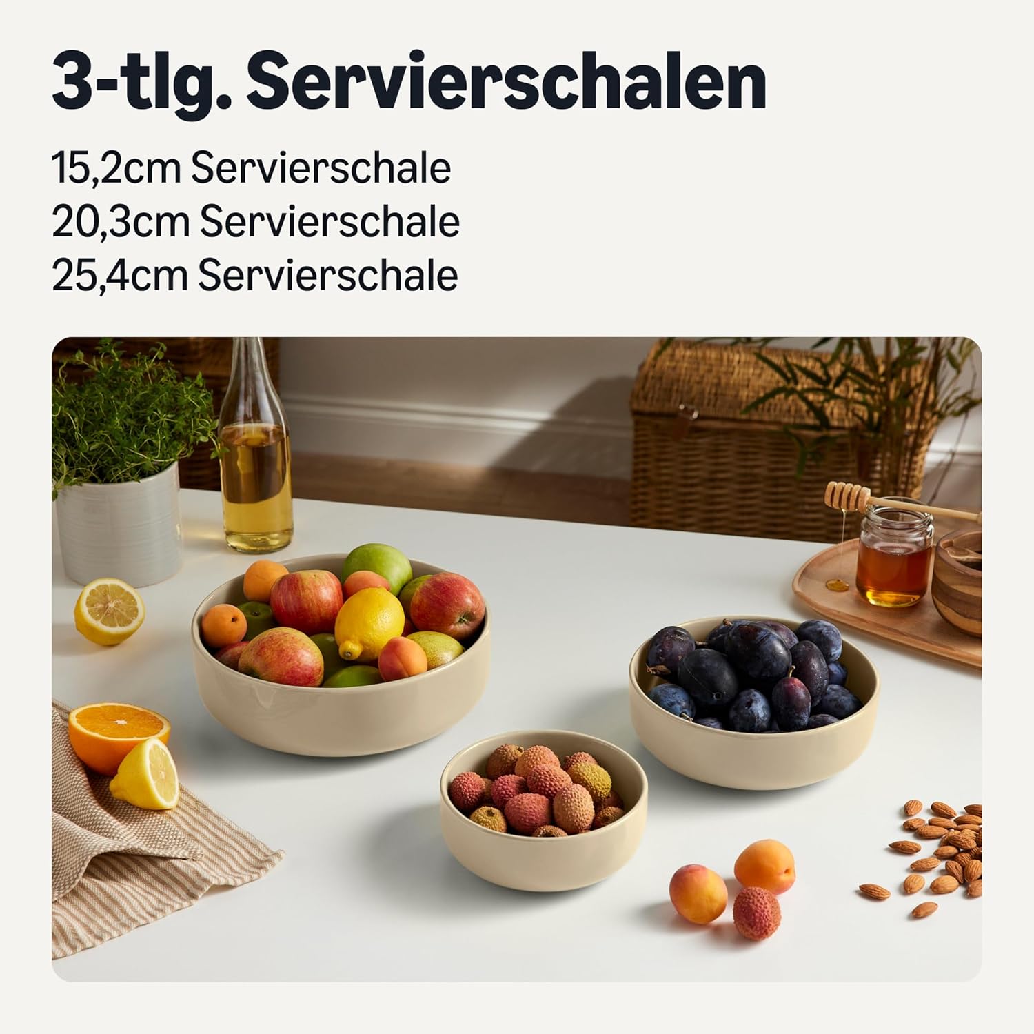 Detalle de Amazon Basics Glasierte Steinzeug-Servierschalen, 3-teiliges Set – Leinengrau