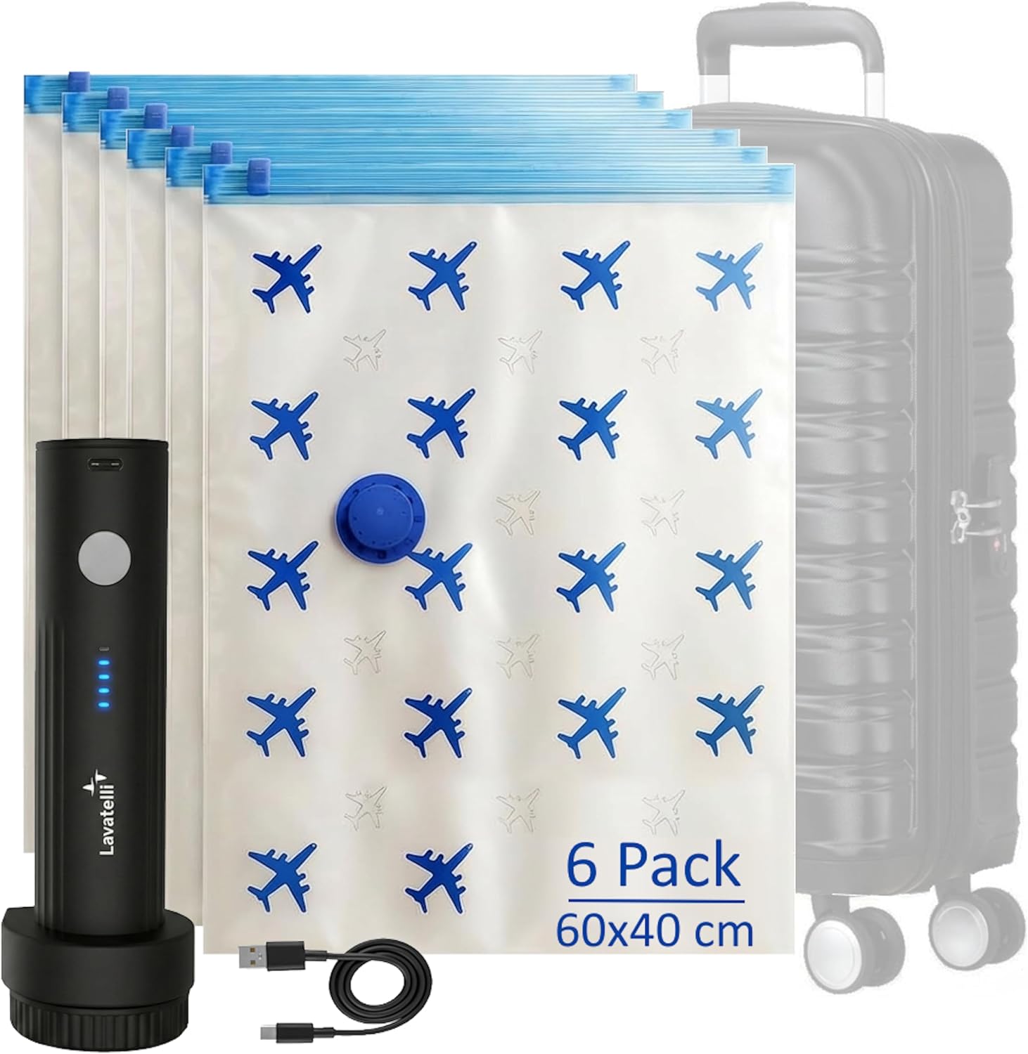 Detalle 2 de Lavatelli Ultimate Travel Set: Pompa Sottovuoto Wireless e 12 Sacchetti Salvaspazio