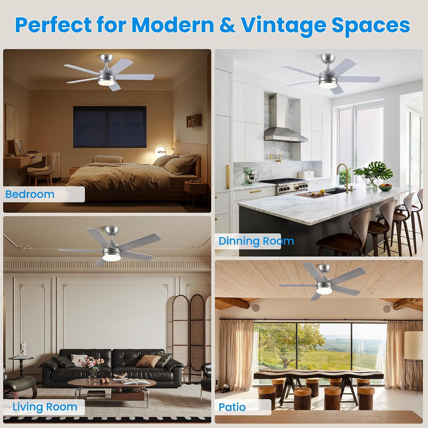 Thumbnail 5 de CJOY 42-inch Silver Ceiling Fan with Lights and Remote, 6 Speeds, DC Motor, 3CCT, Dimmable, Sleep & Timer