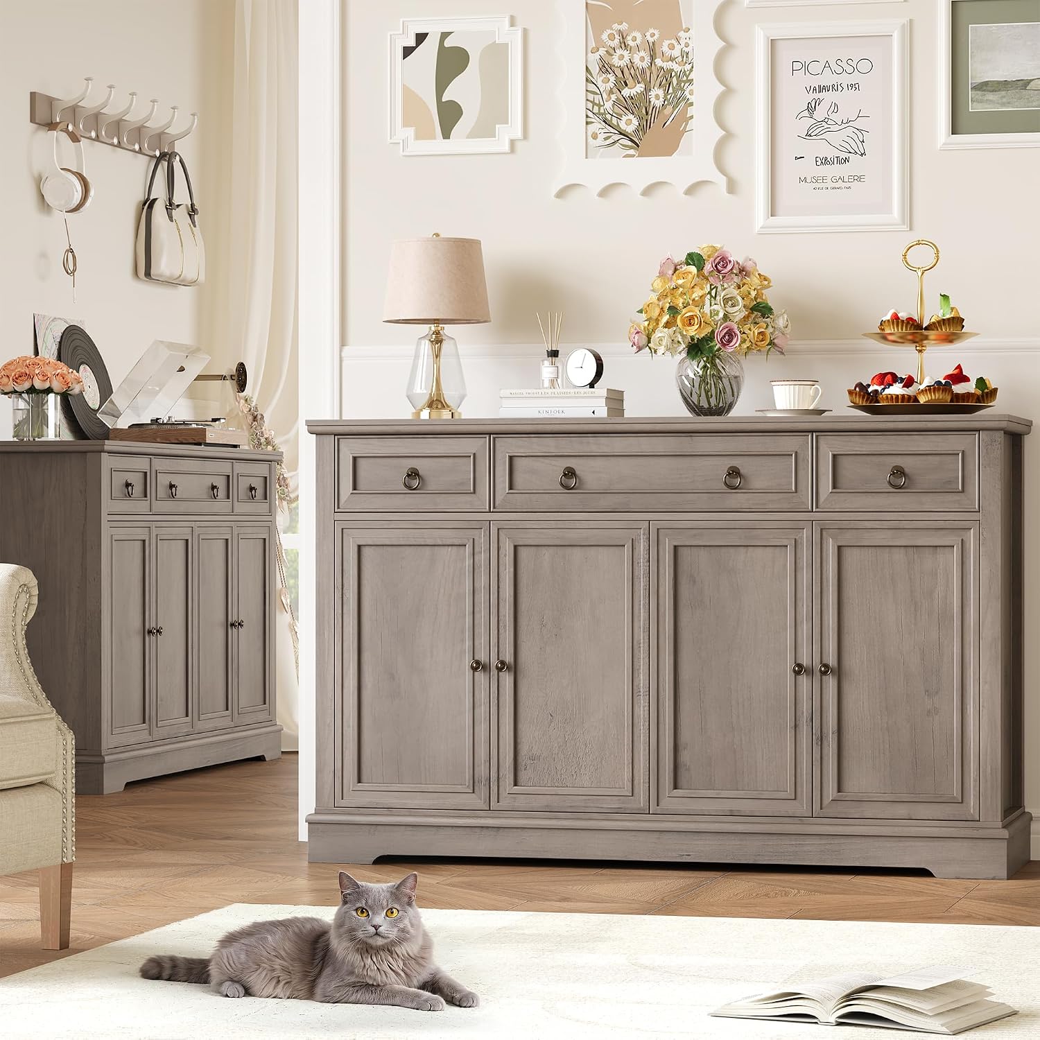 Detalle 1 de FirFurd P307 Ash Grey Sideboard, 3 Drawers, 4 Doors and Adjustable Shelf