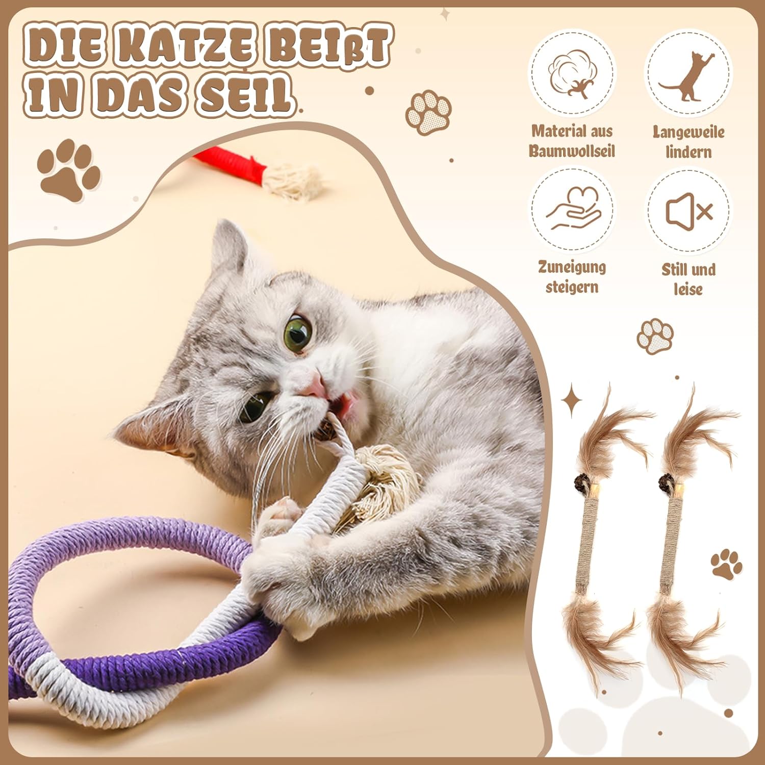 Detalle de ZYNERY Katzenminze Spielzeug-Set (9-teilig) mit Beißseilen und Katzenminze-Sticks für Zahnpflege und Beschäftigung