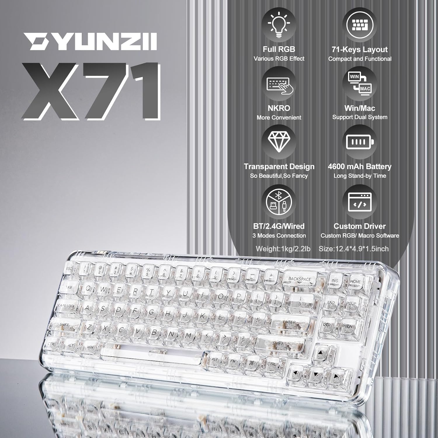 Detalle de YUNZII X71 Transparent Mechanical Keyboard with Clear Keycaps