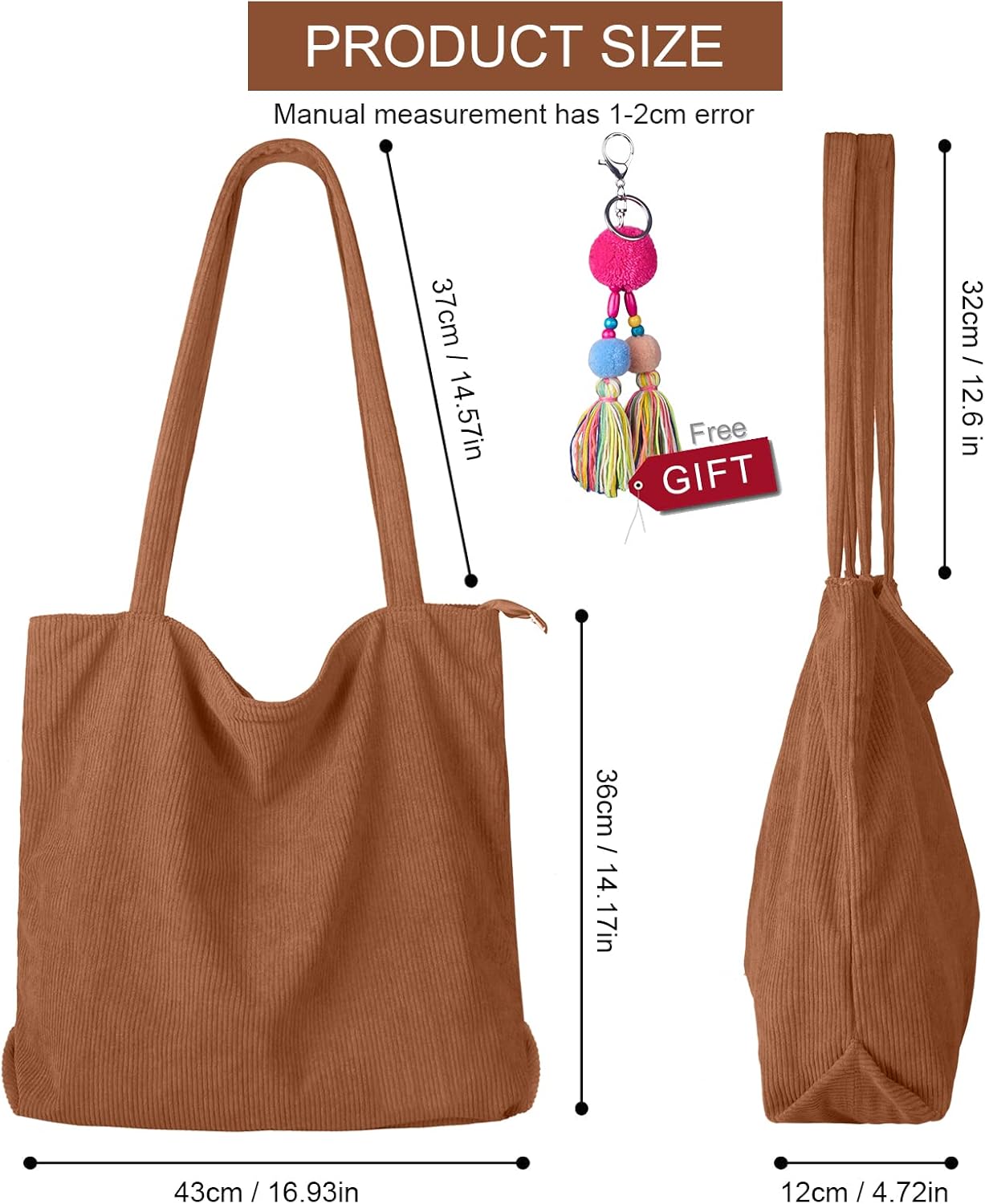 Detalle 2 de FITDON Corduroy Totes Bag with Zip 43cm