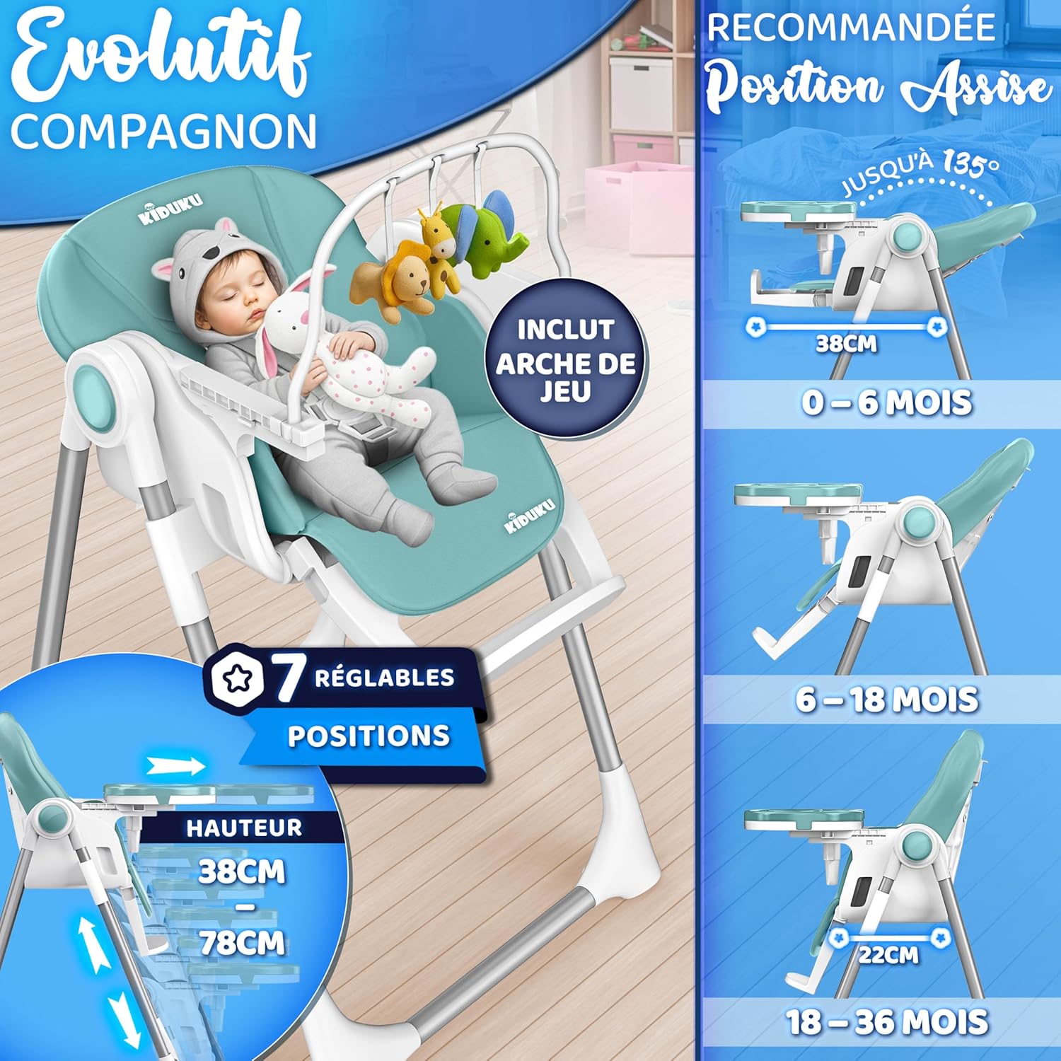 Thumbnail 1 de KIDUKU Chaise haute bébé 3-en-1 turquoise avec réducteur nouveau-né et arche de jeu
