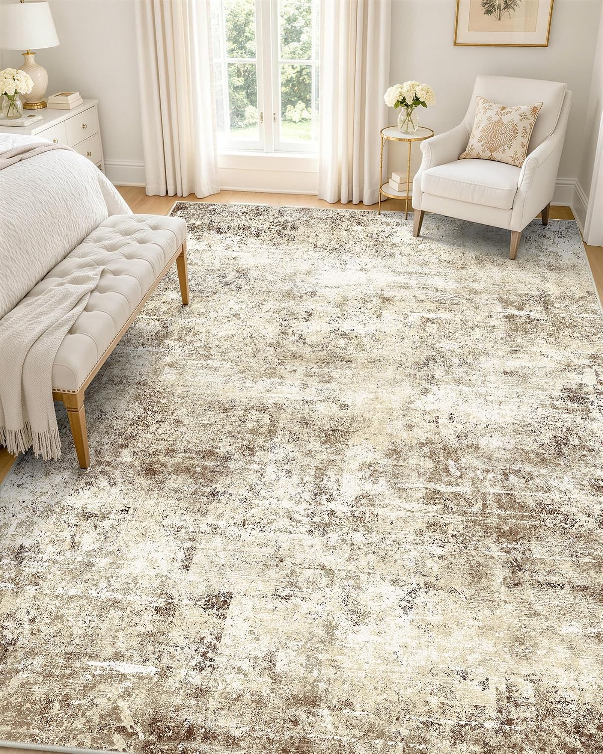 Detalle de OLANLY 5' x 7' Washable Area Rug, Beige Distressed Abstract Low-Pile