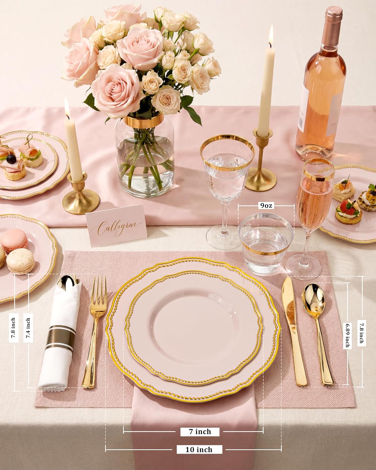 Detalle de Hioasis 350pcs Pink and Gold Plastic Plates Set – Elegant Disposable Dinnerware for 50 Guests