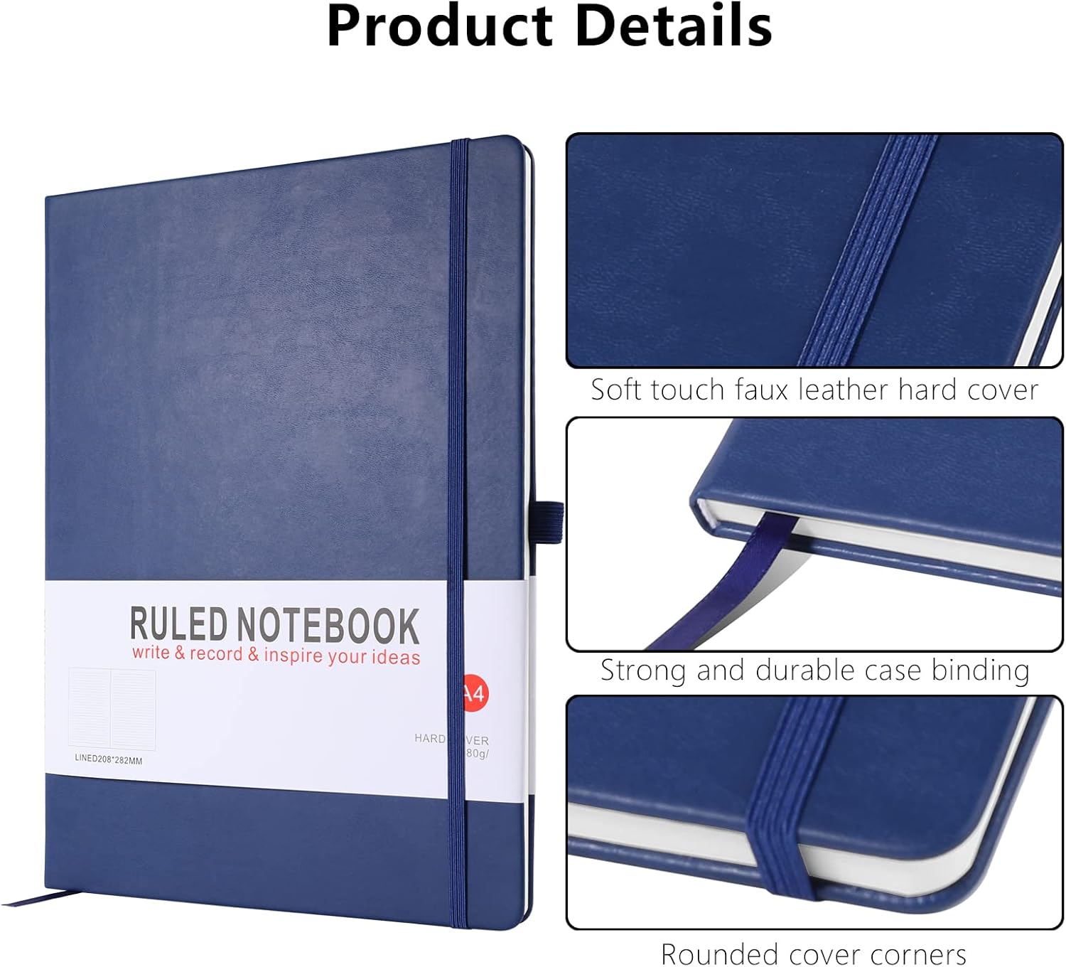 Thumbnail 2 de A4 Notebook, Notebook A4 Journal Notebook Hardcover Notepad with Bookmark Composition Notebooks, Pen Loop, and Elastic Closure, 8.3" X 11.18"，Dark Blue