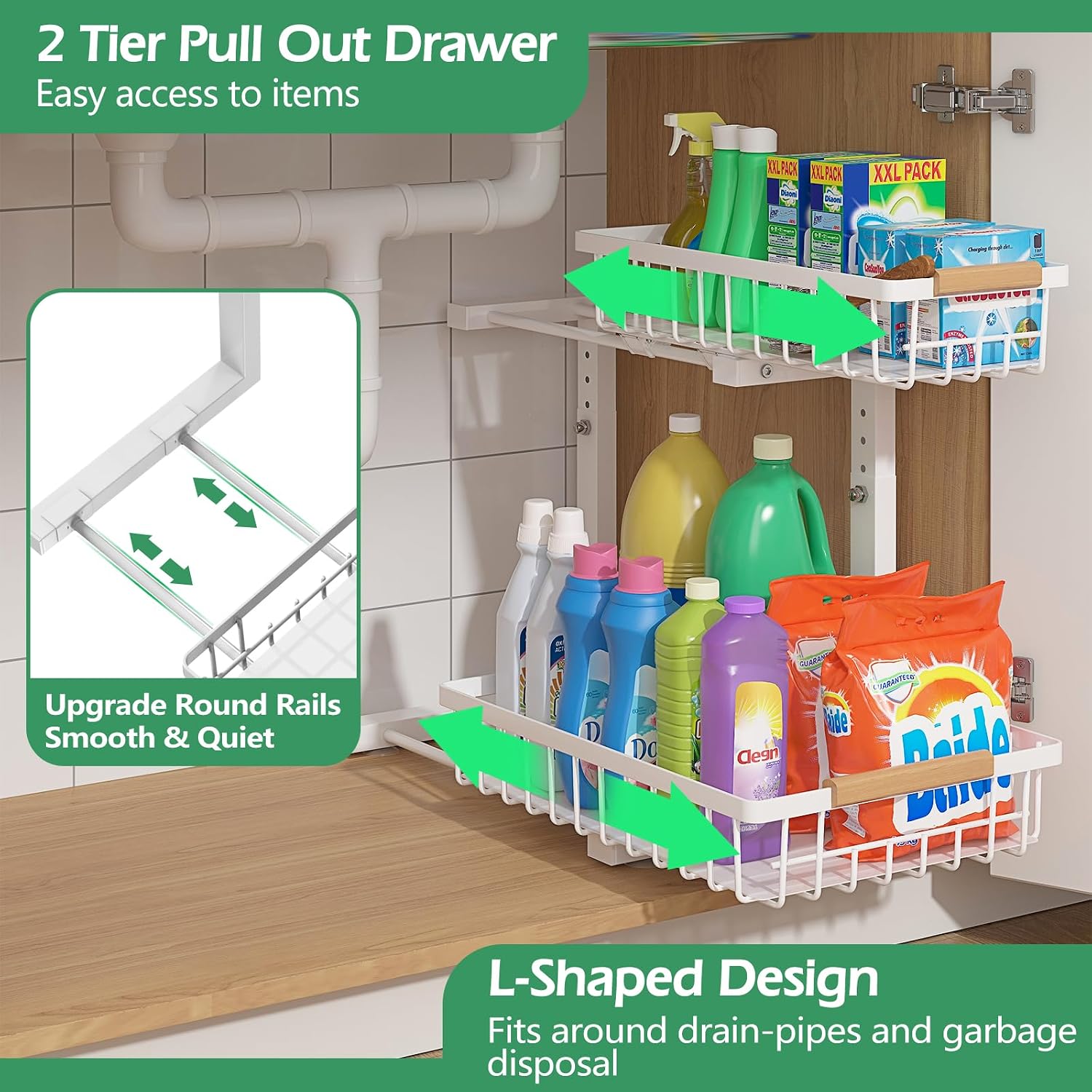 Detalle de ADRIMER AR0106A2-FCA Under-Sink Organizer 2-Pack, Adjustable Pull-Out Shelves