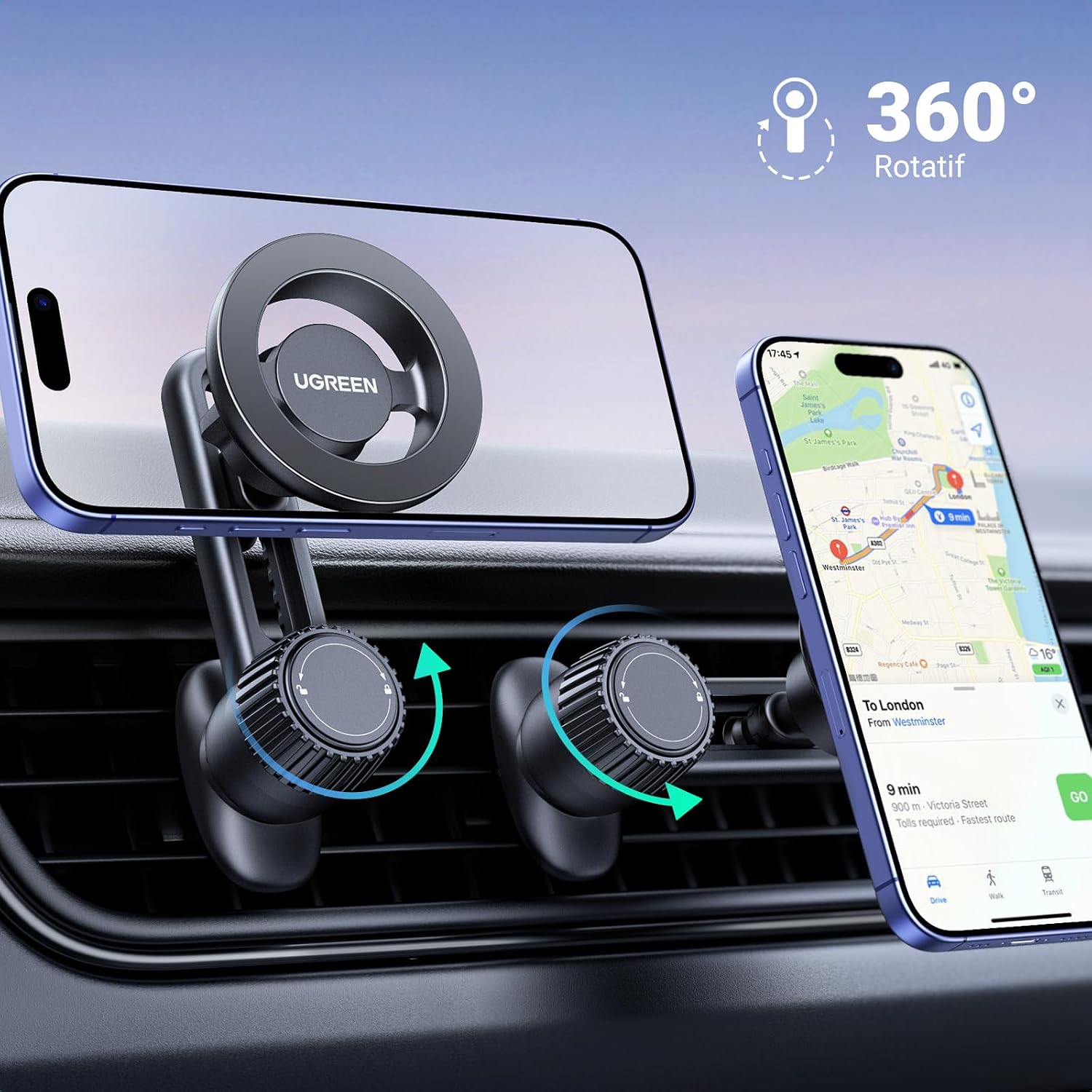 Detalle de UGREEN Support Téléphone Voiture Magnétique MagSafe — fixation solide, ajustement pratique et polyvalence