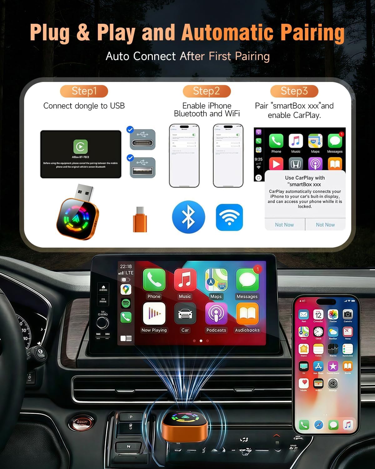 Detalle de Jumpeak 2026 Upgraded Wireless CarPlay Adapter (mini USB, 5.8GHz Wi‑Fi, Bluetooth 5.3)