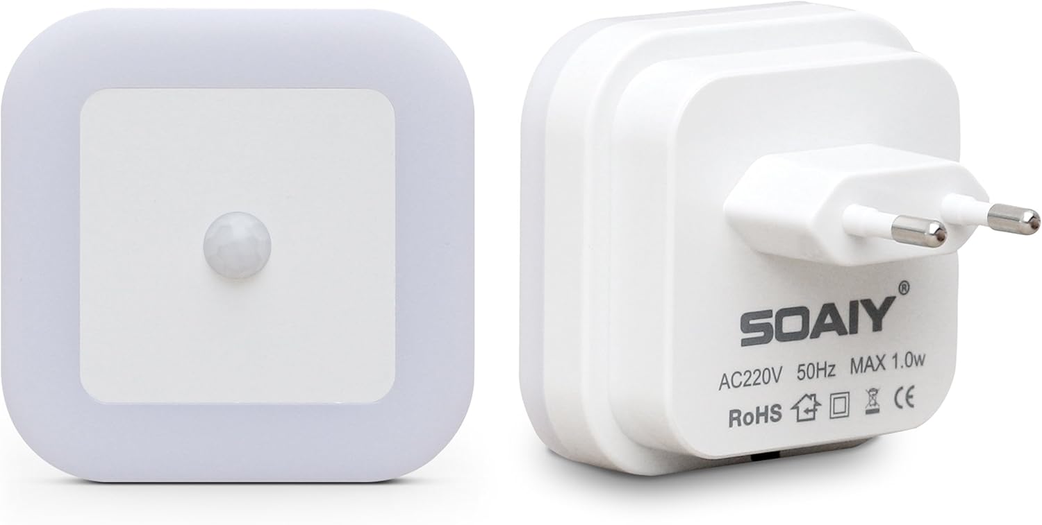 Detalle de SOAIY 2er-Set LED Nachtlicht mit Bewegungsmelder (PIR), AUTO/ON/OFF und warmweiß