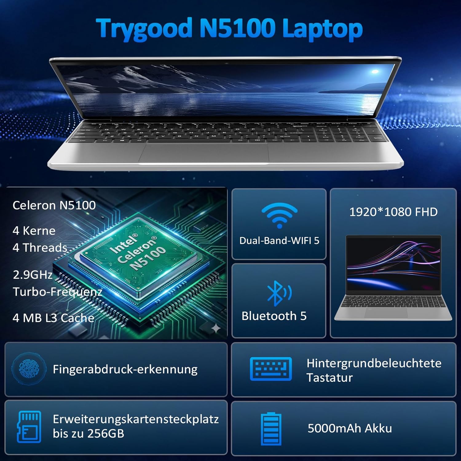 Detalle de Trygood Laptop 15,6 Zoll – Full HD IPS, Fingerabdruck-ID, 8GB RAM, 256GB SSD