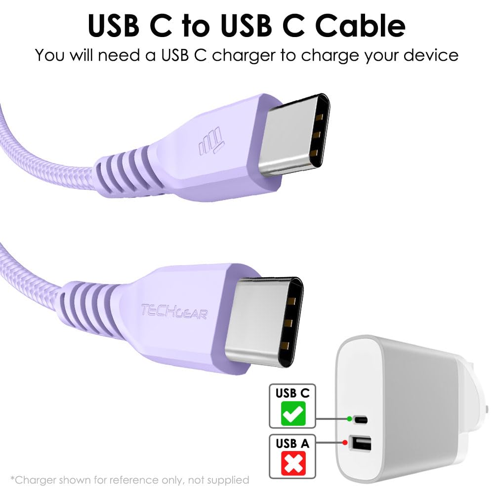 Detalle de TECHGEAR USB C to USB C 3M Long Charger Cable 60W – Braided, Fast Charging for iPhone, iPad, Samsung, Pixel and more