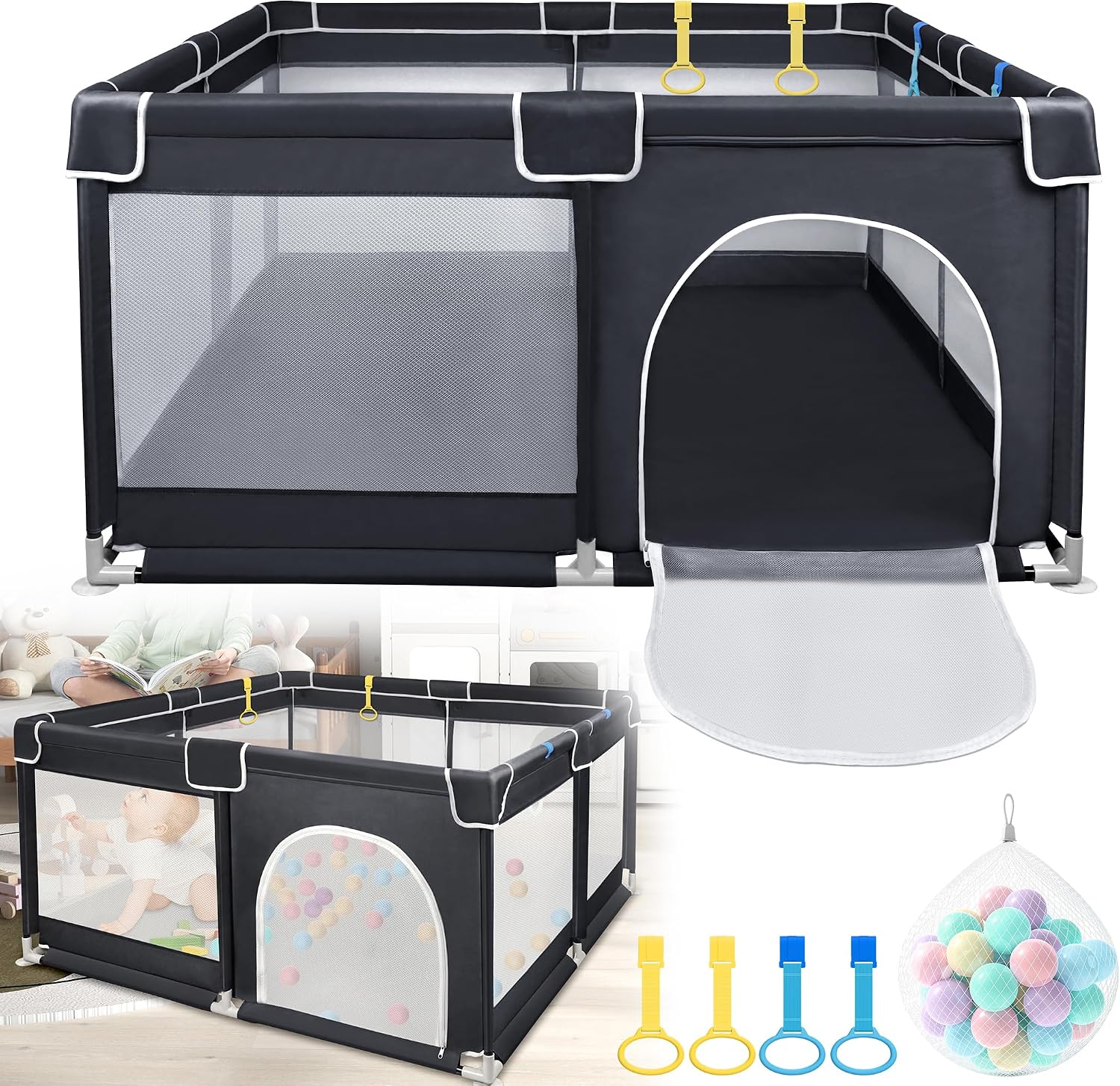 Detalle de UISEBRT kinderbox 127 x 127 cm met antislipbodem, ademend net en 50 ballen