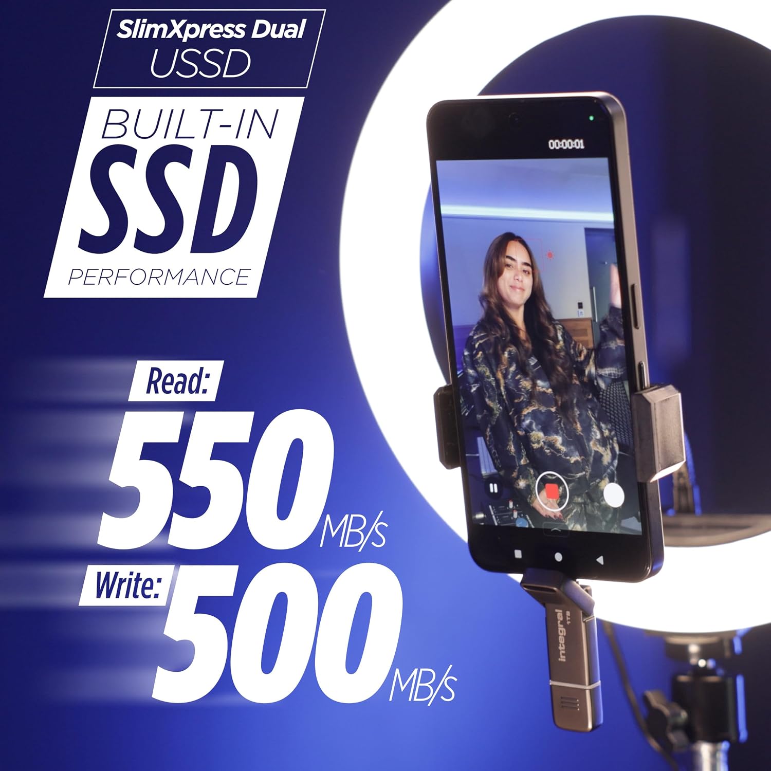 Detalle de Integral SlimXpress Dual 512 GB – pamięć USB-C i USB-A, odczyt do 550 MB/s