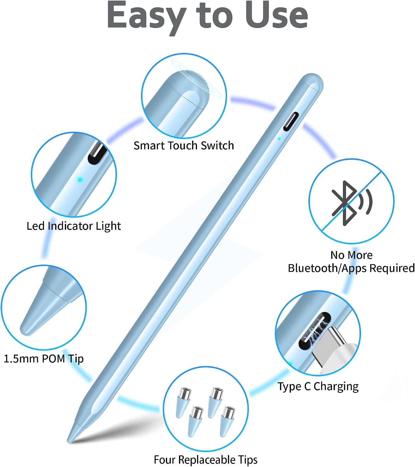 Detalle 1 de DRYMOKINI Rechargeable Universal Stylus Pen for Touch Screens (USB-C) — Blue