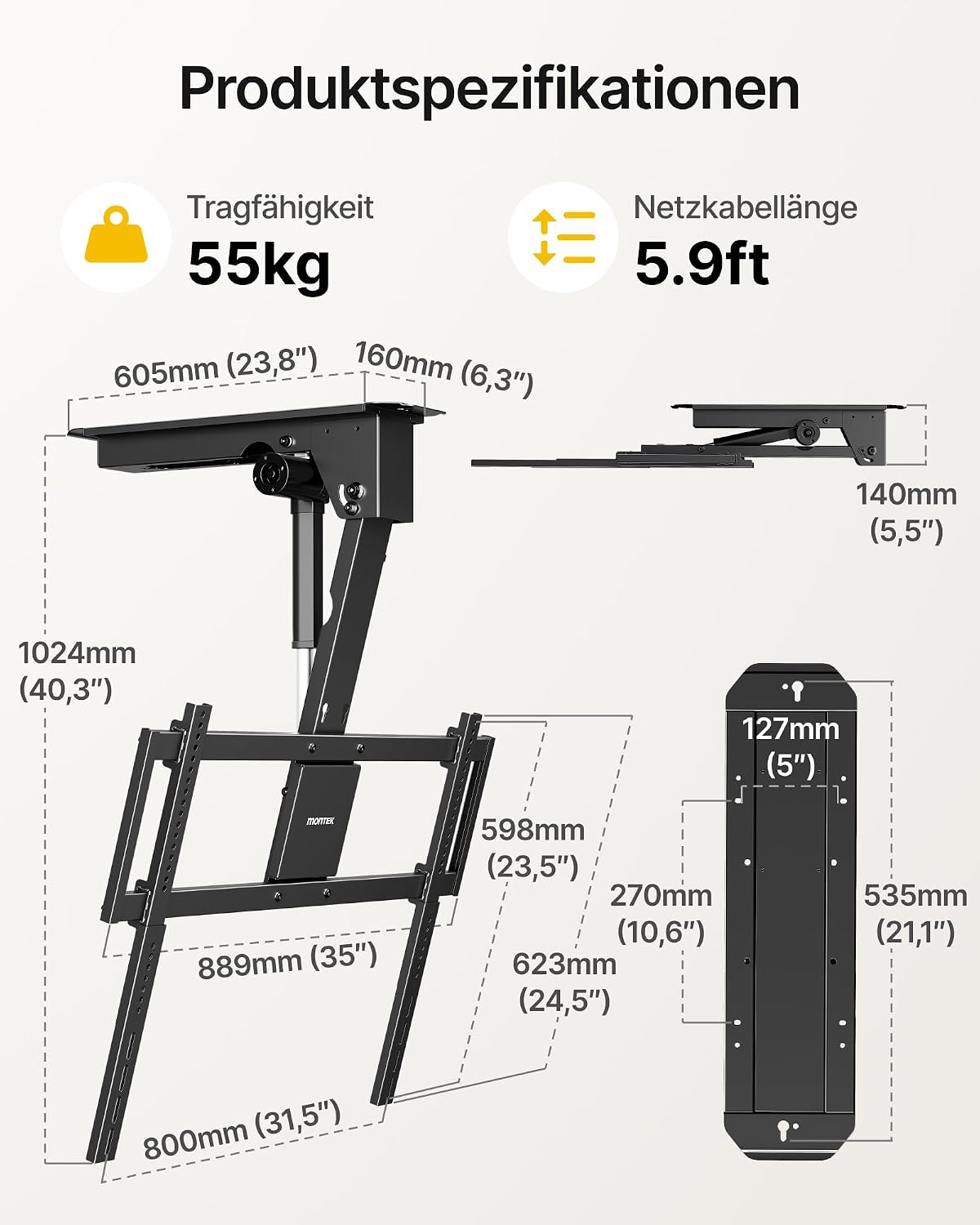 Detalle 2 de monTEK Deckenhalterung elektrisch für 43–86 Zoll – VESA 200×100 bis 600×400, bis 55 kg