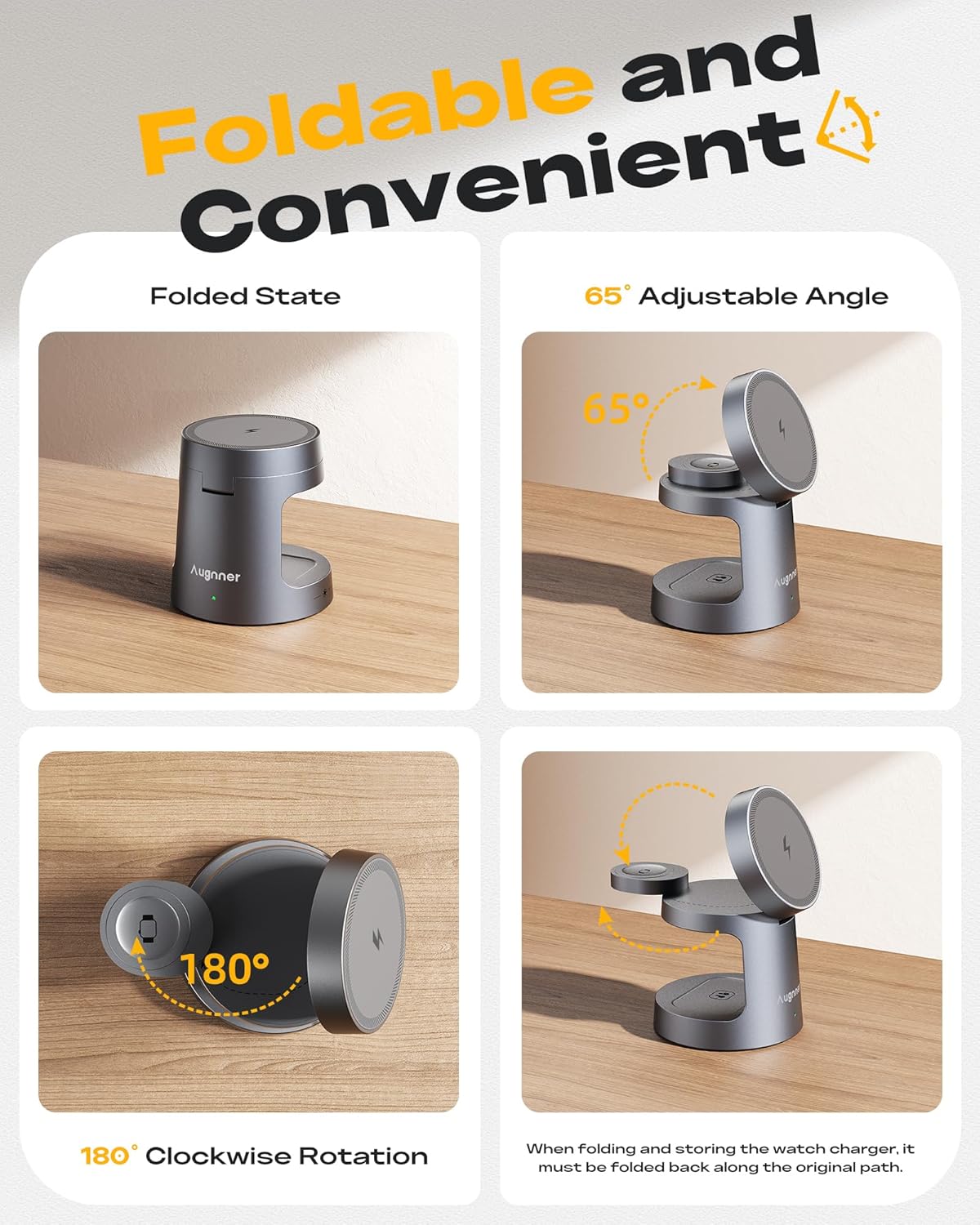 Detalle de Caricabatterie wireless MagSafe 3 in 1: ricarica rapida per iPhone, AirPods e Apple Watch con illuminazione notturna