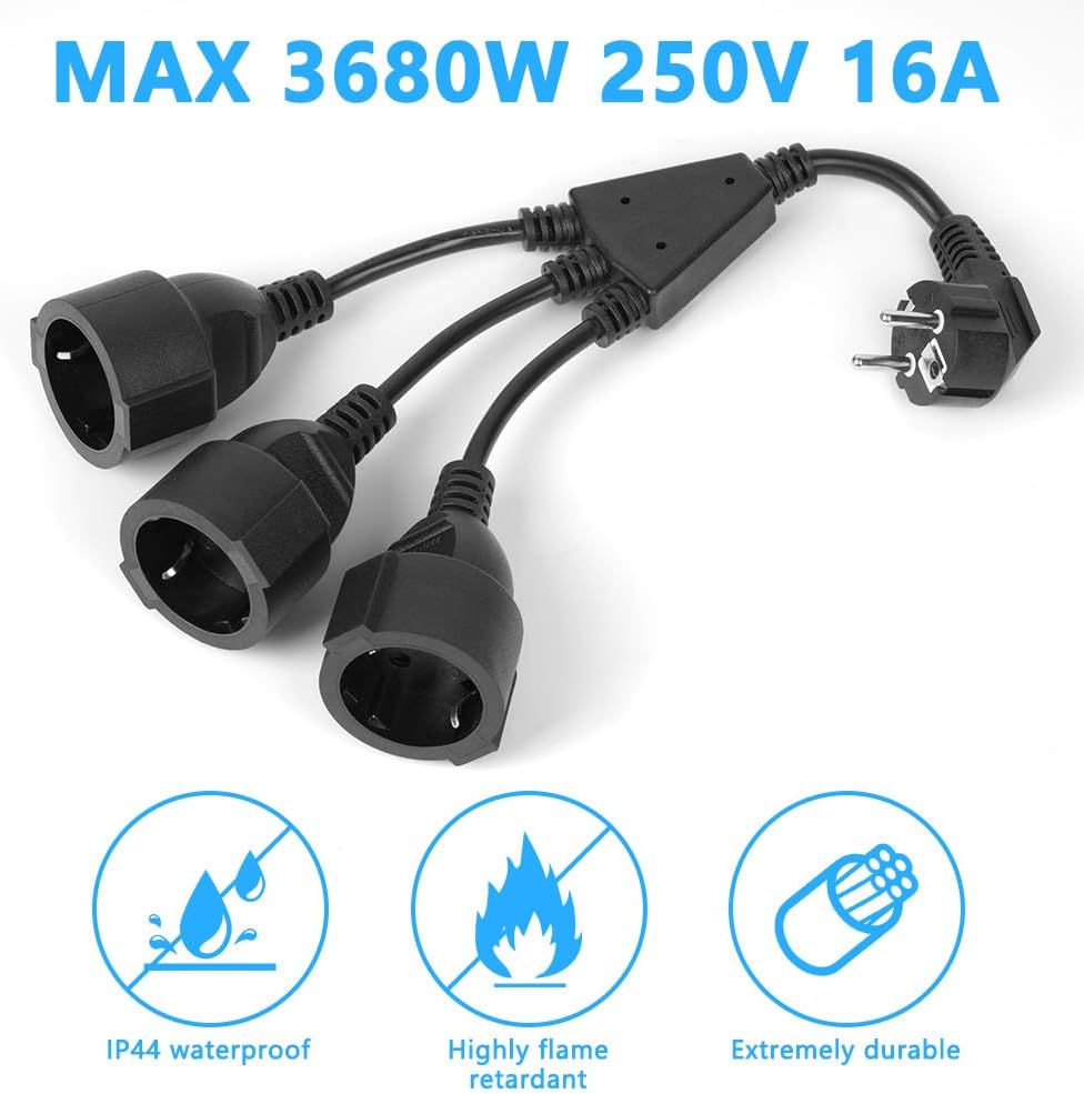 Thumbnail 5 de URAQT rallonge d’alimentation 3 prises avec sécurité enfants (3 en 1), 16A / 250V, noir