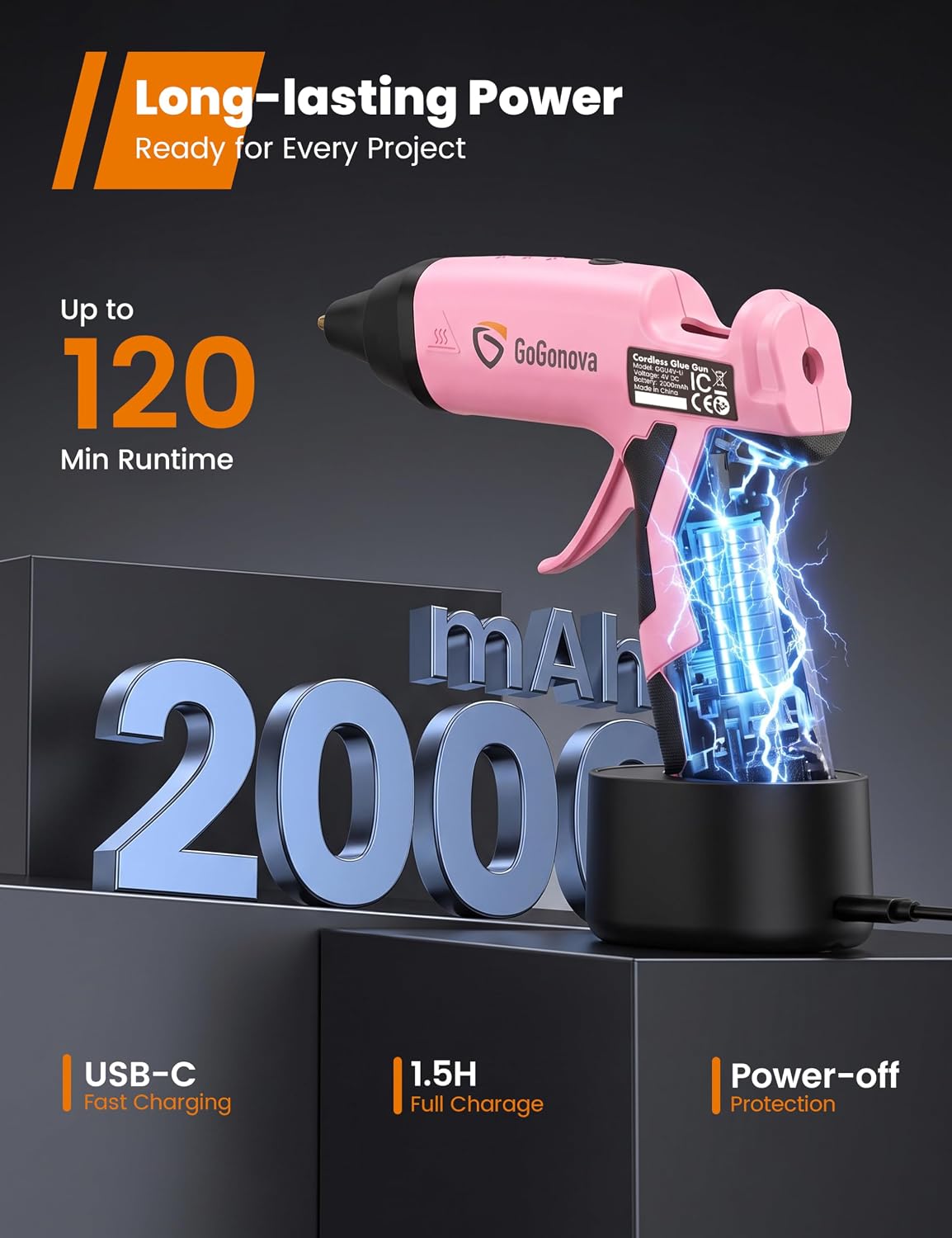 Detalle de GoGonova GGU4-Li Cordless Hot Glue Gun Kit, 2Ah Battery, 25 Mini Sticks