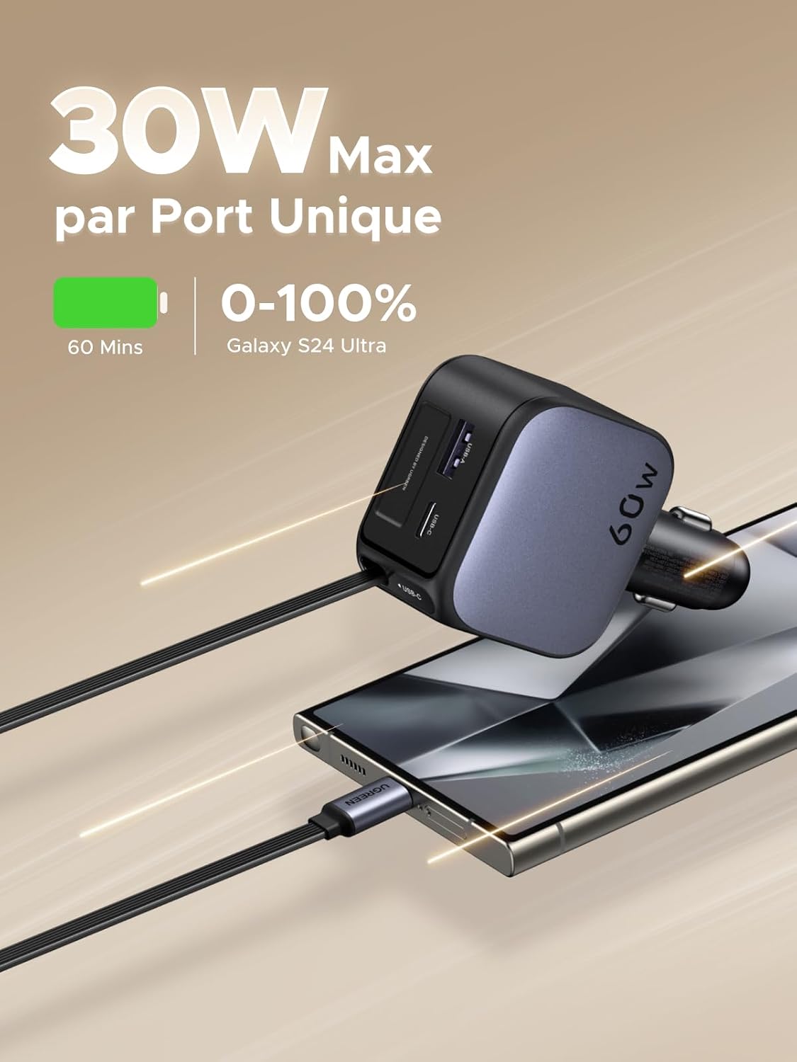 Thumbnail 2 de UGREEN Nexode 60W Chargeur Allume Cigare USB-C Rétractable — Charge rapide pour voiture