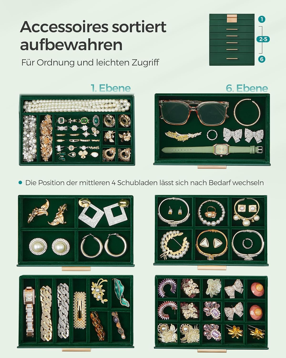 Thumbnail 3 de SONGMICS Schmuckkästchen JBC171C01 mit 6 Ebenen, Glasdeckel und 5 Schubladen (waldgrün-golden)