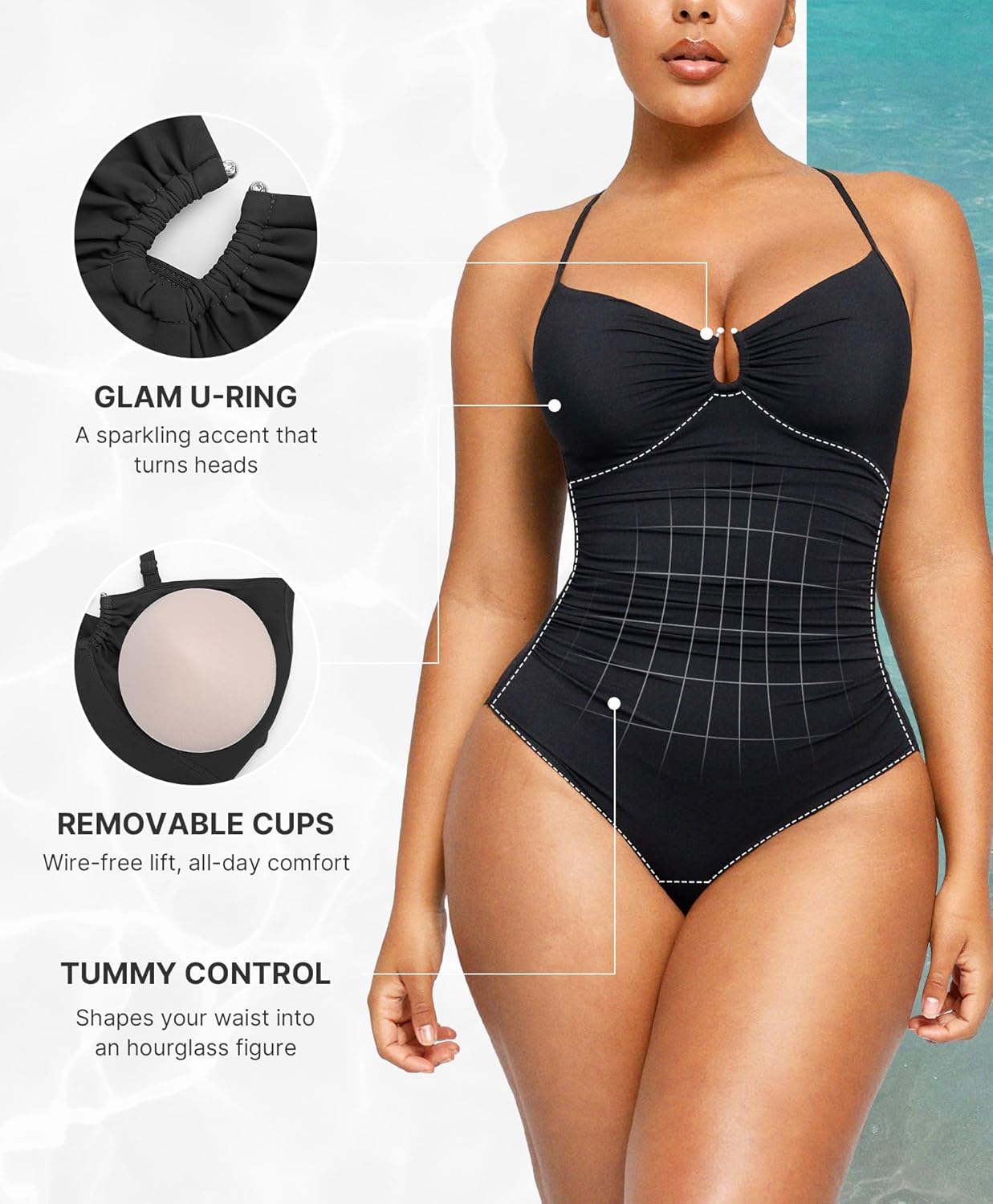 Detalle de SHAPELLX Womens Swimsuits: Tummy Control One-Piece with Ruched Waist and U-Ring