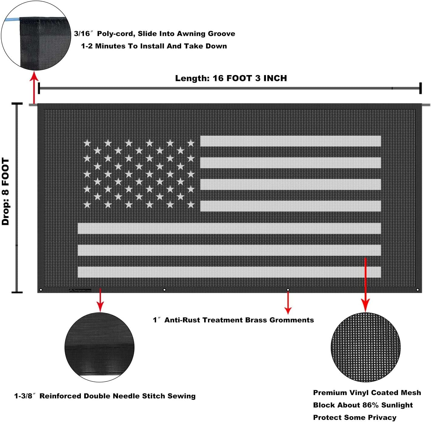 Detalle de Tentproinc RV Awning Sun Shade Screen 8' x 16'3" American Flag (Black Mesh)