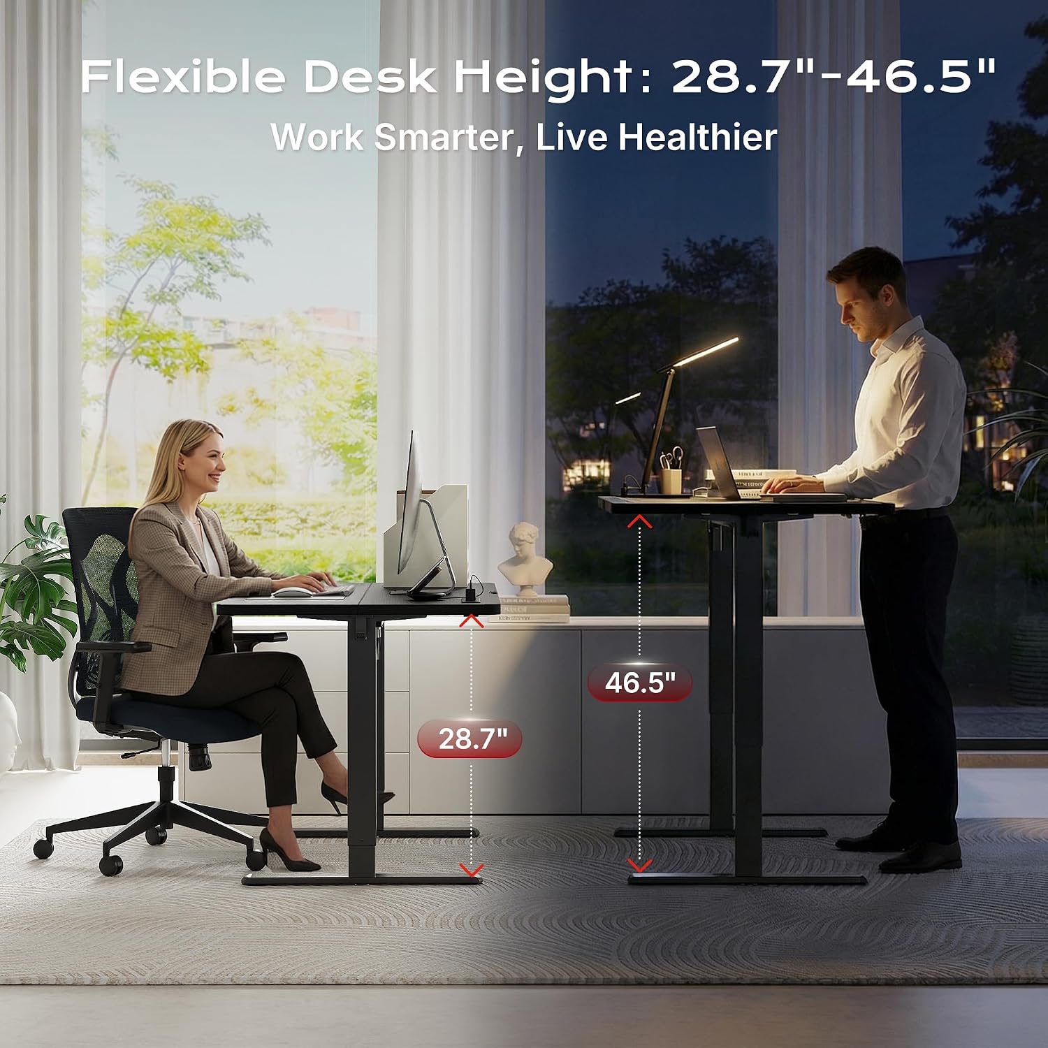 Detalle de Huuger 47.2-Inch Electric Standing Desk with USB-C and 3 Presets, Black