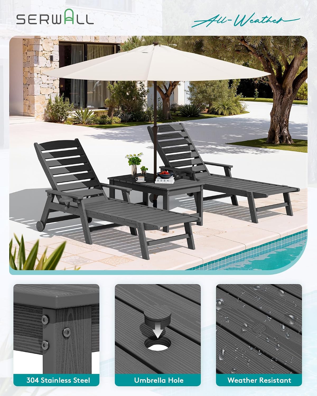 Detalle de SERWALL A031-059 HDPE Outdoor Coffee Table with Umbrella Hole, Gray