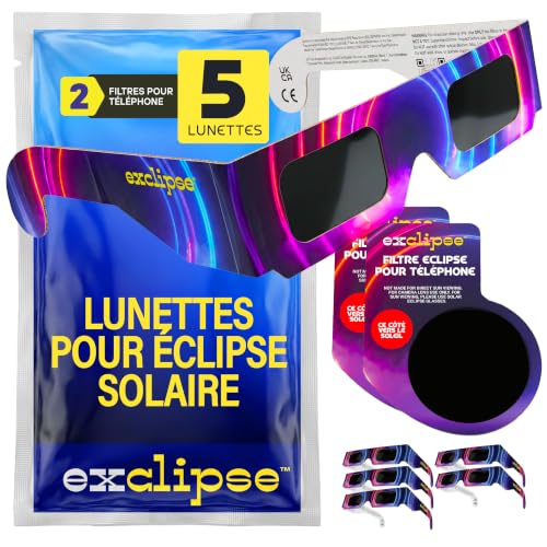 Detalle de Lunettes Éclipse Solaire 5 Pack avec 2 Filtres Smartphone – Kit complet exclipse ISO 12312-2 CE UKCA