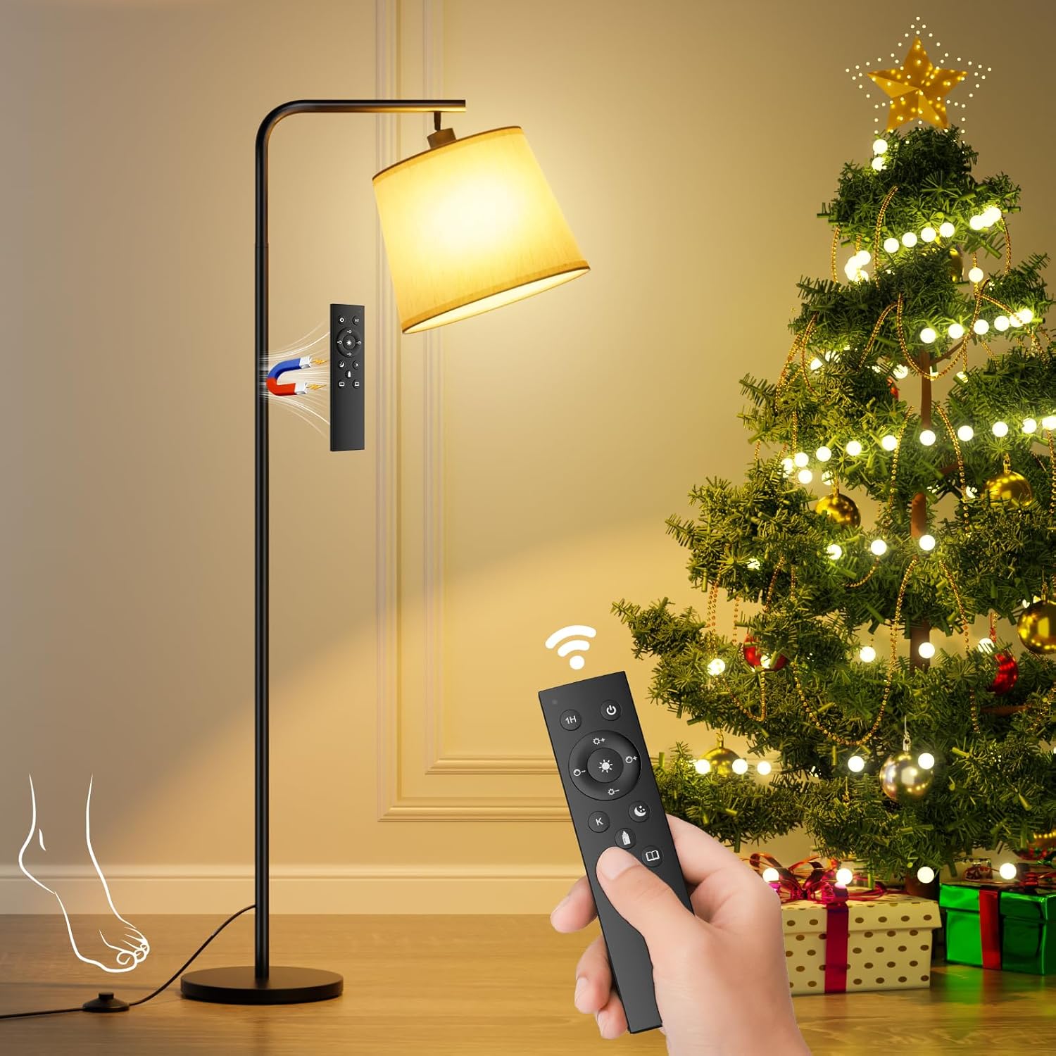 Thumbnail 6 de SUWIN Lampada da Terra dimmerabile con telecomando magnetico e paralume in lino beige